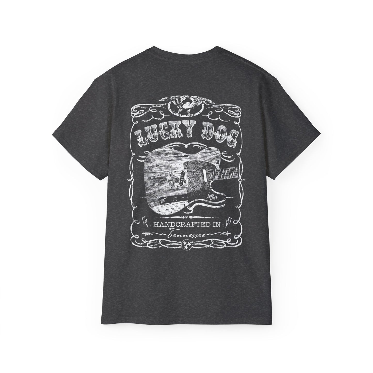 UK Buyers only - Lucky Dog Custom Guitars Eagle Label T-shirt black Guitar Telecaster Lightning Greaser Rock-n-Roll flag USA Nashville