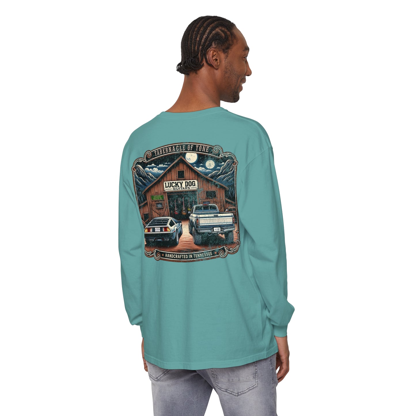 Premium Comfort Colors Long Sleeve Lucky Dog Guitars Tabernacle of Tone Delorean Guitar Vintage Back To Country Outlaw TN Tennessee McFly USA - Lucky Dog Guitars