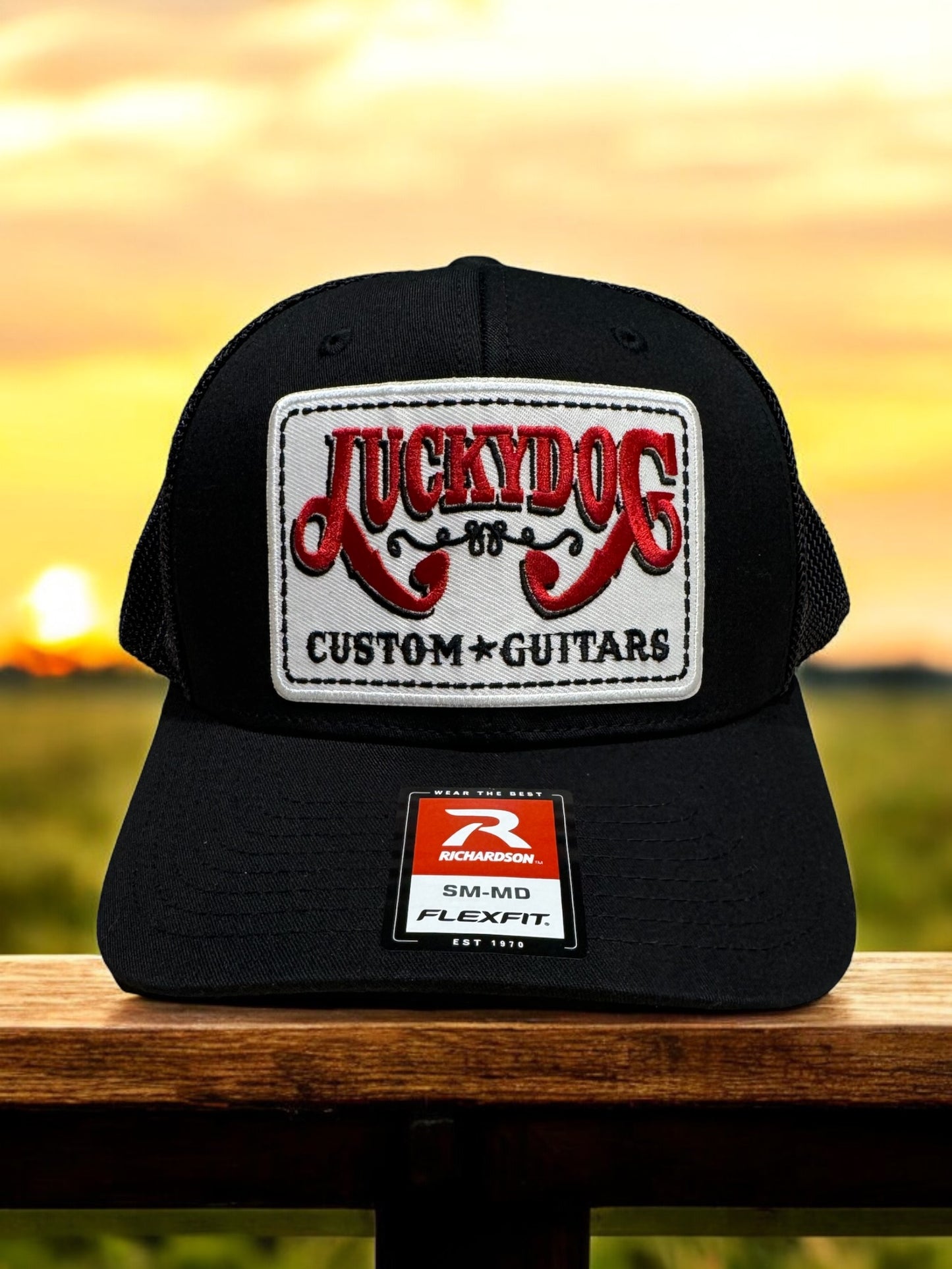 Lucky Dog Guitars SM-MD Flexfit ball cap Heather black crown/black mesh hat truckstop vintage Stretchy back ballcap-multiple patch options available