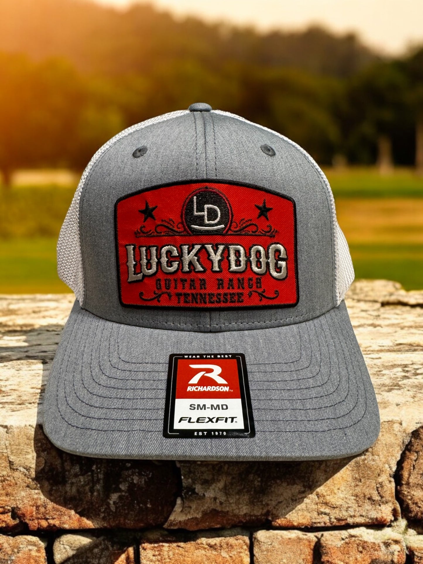 Lucky Dog Guitars SM-MD Flexfit ball cap Heather gray and white mesh hat truckstop vintage Stretchy back ballcap-multiple patch options available