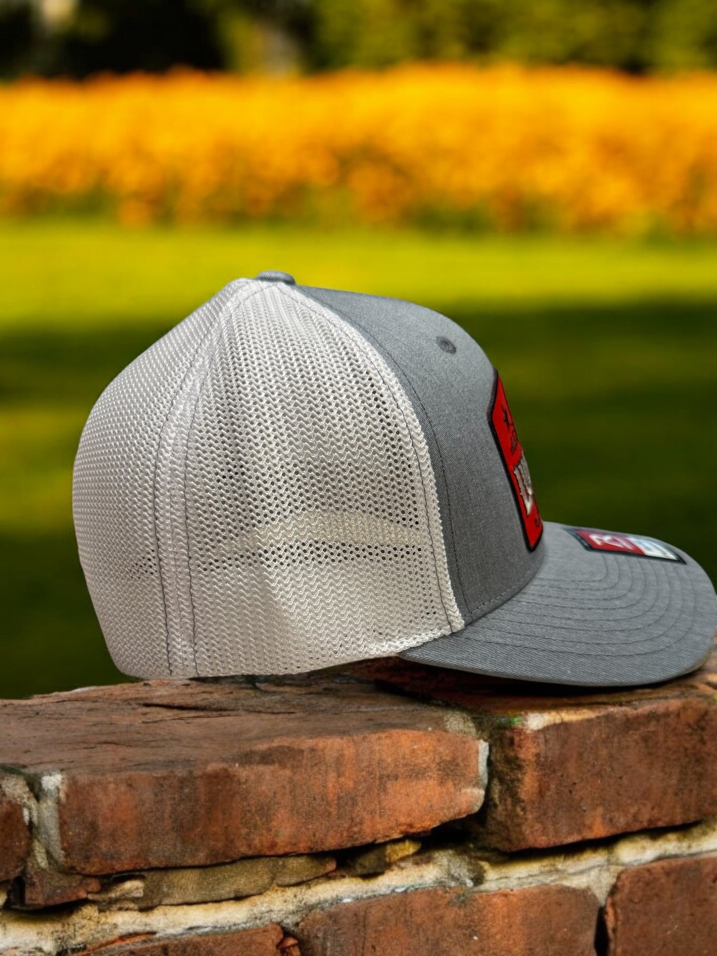 Lucky Dog Guitars SM-MD Flexfit ball cap Heather gray and white mesh hat truckstop vintage Stretchy back ballcap-multiple patch options available