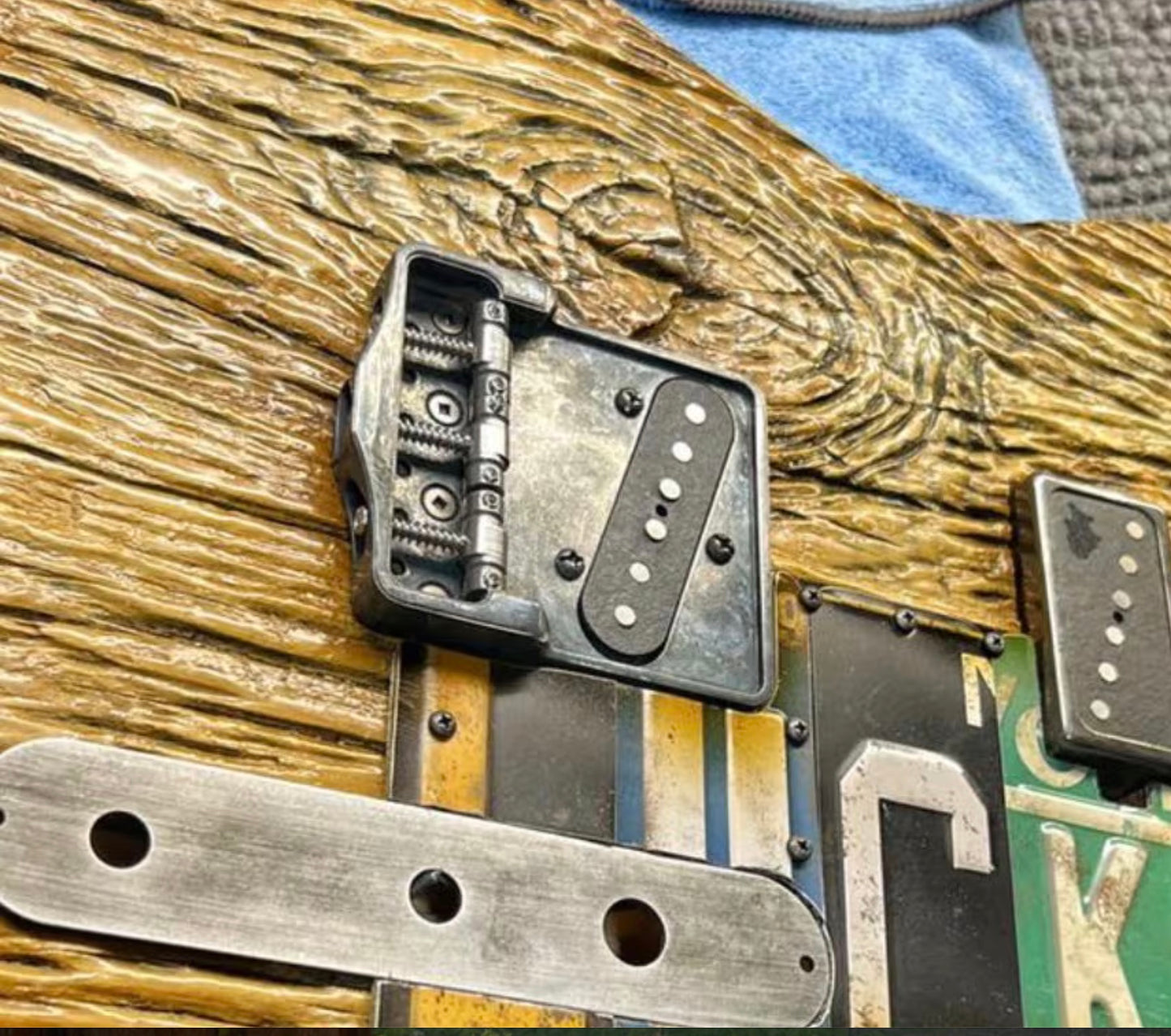 Lucky Dog Custom Milled guitar relic'd bridge plate for tele / telecaster guitars. Made in Tennessee. Nickel plated with brass compensated saddles.