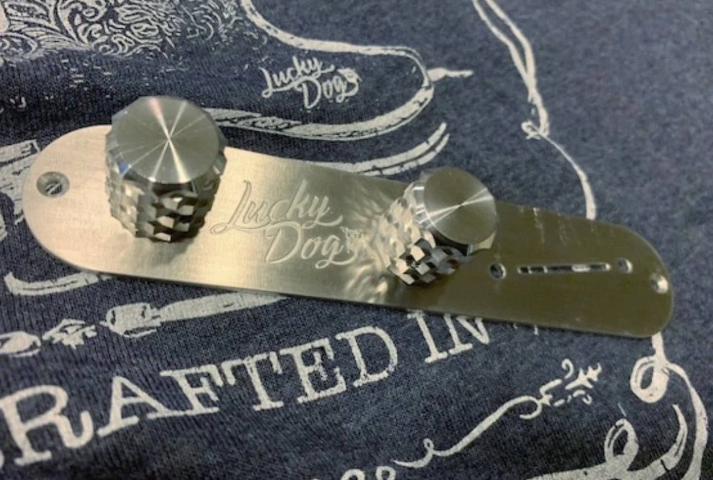 Relic'd Silver Lucky Dog engraved logo tele telecaster replacement control plate w/ slanted switch slot for easy switching. With Lucky Dog logo.