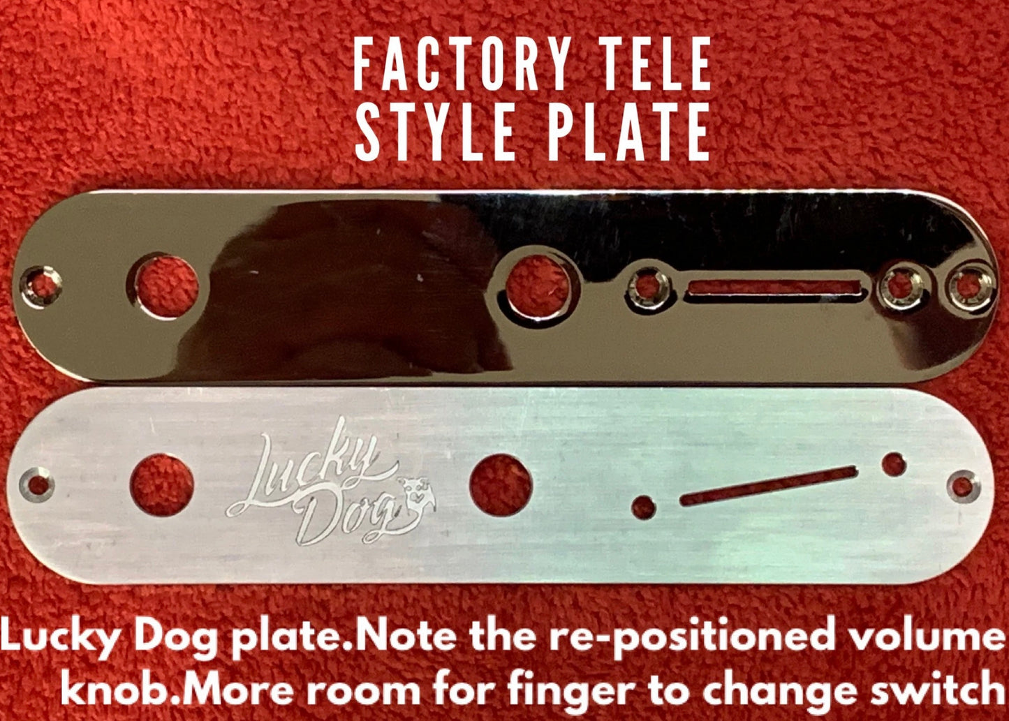 Relic'd Silver Lucky Dog engraved logo tele telecaster replacement control plate w/ slanted switch slot for easy switching. With Lucky Dog logo.