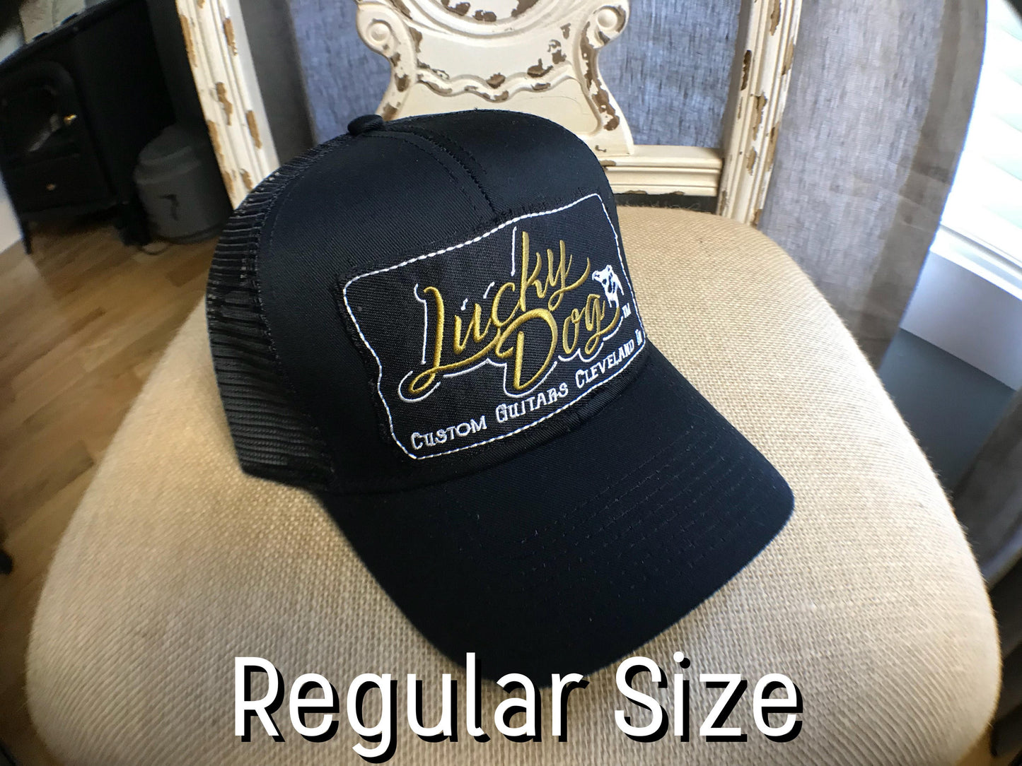 Lucky Dog Guitars black on black Mesh Trucker Hat- Regular size - cap truckstop vintage - custom outlaw guitar