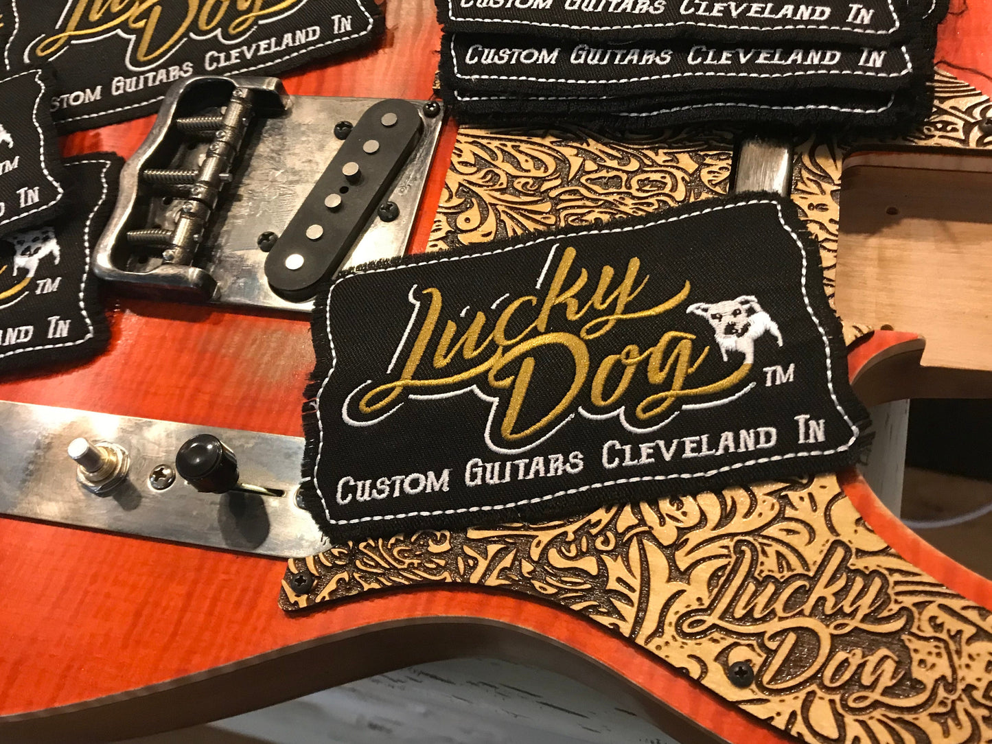 Lucky Dog Guitars Patch - Iron-on backing - Great for trucker hats jackets guitar case or gig bags. High thread embroidered nice quality