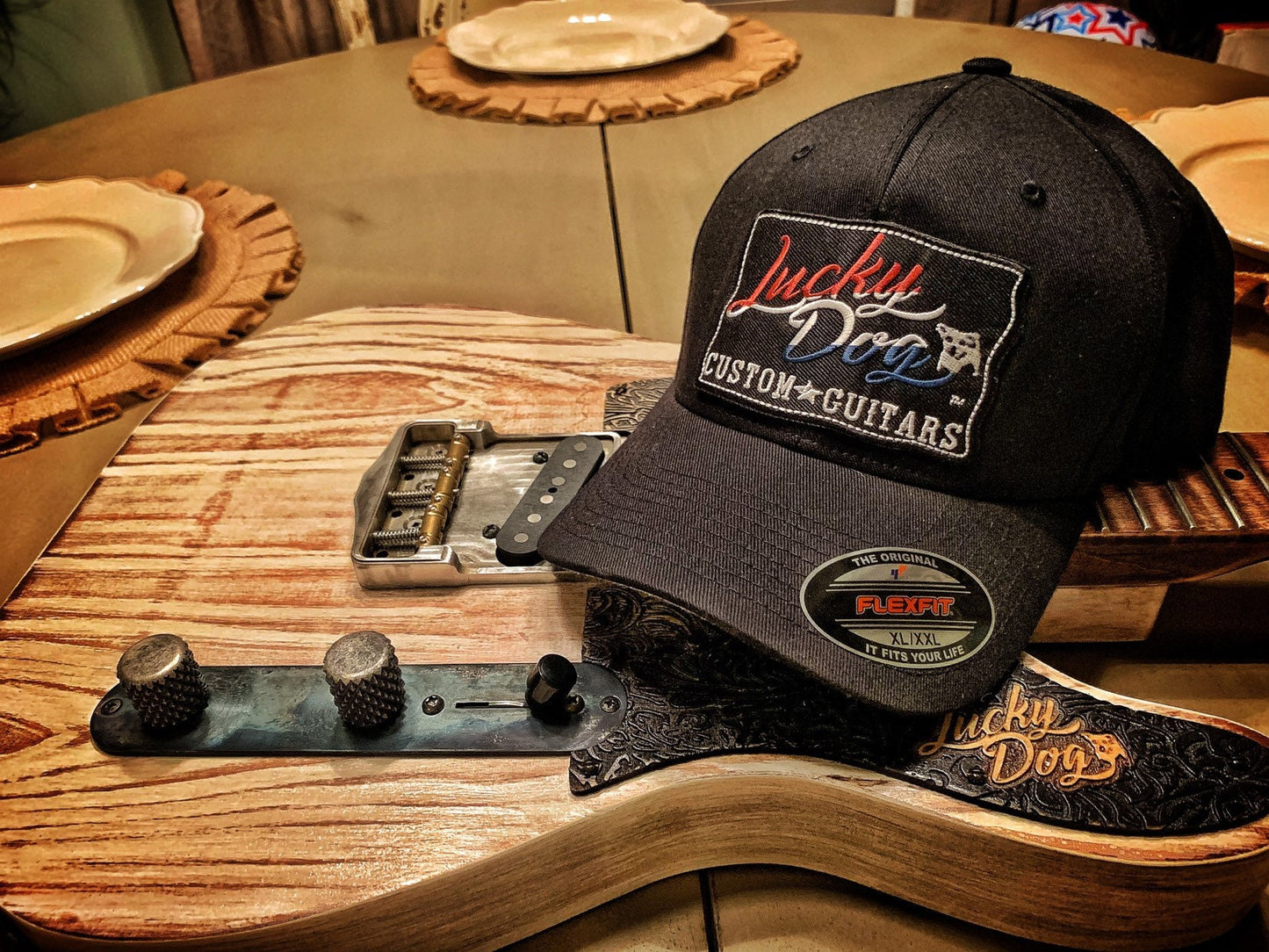 XXL BIG sized Lucky Dog Guitars Flexfit Black Cap