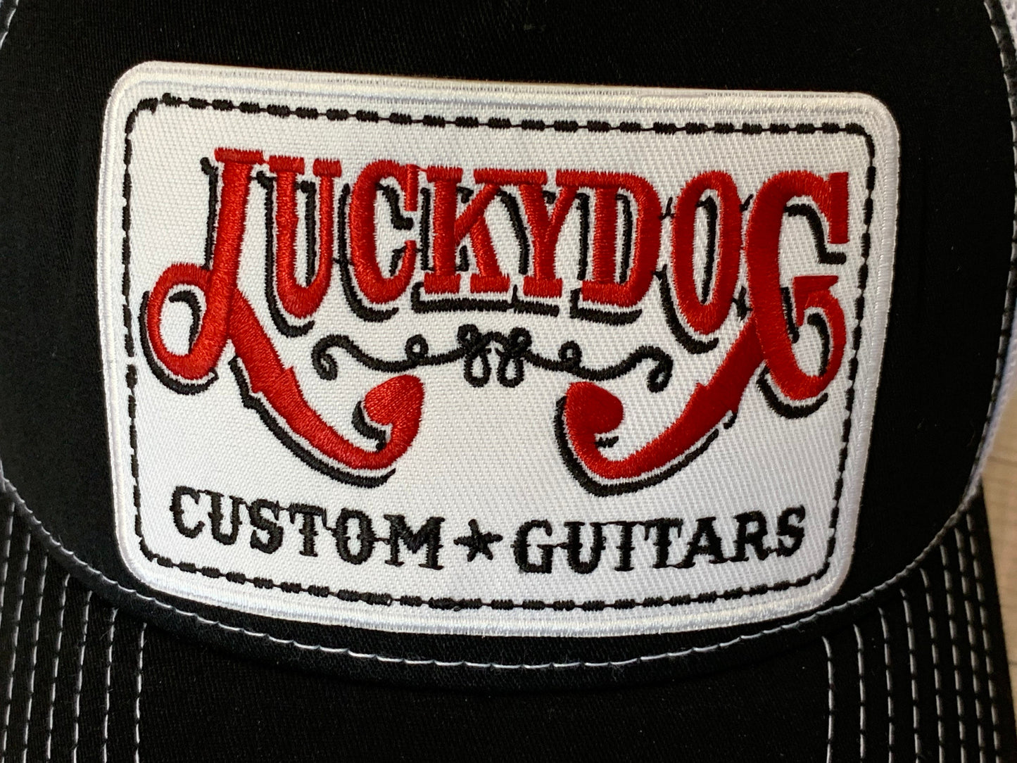 Lucky Dog Guitars black/white Deluxe Trucker Mesh Ball Cap Hat w/ structured crown - Regular size - USA old school vintage truck stop