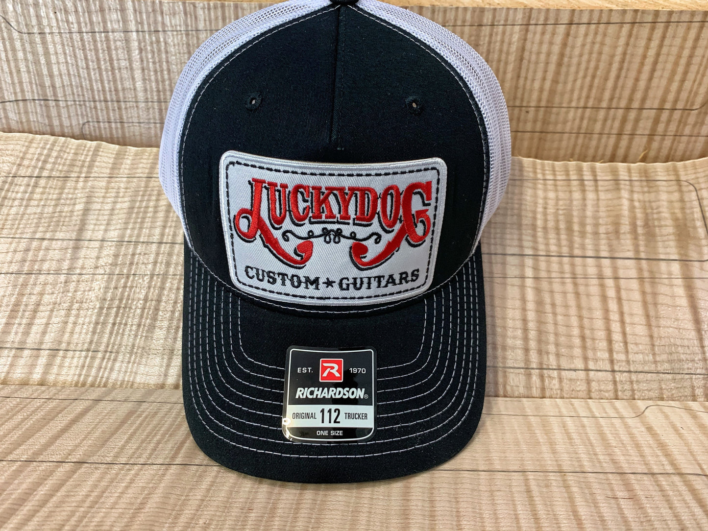 Lucky Dog Guitars black/white Deluxe Trucker Mesh Ball Cap Hat w/ structured crown - Regular size - USA old school vintage truck stop
