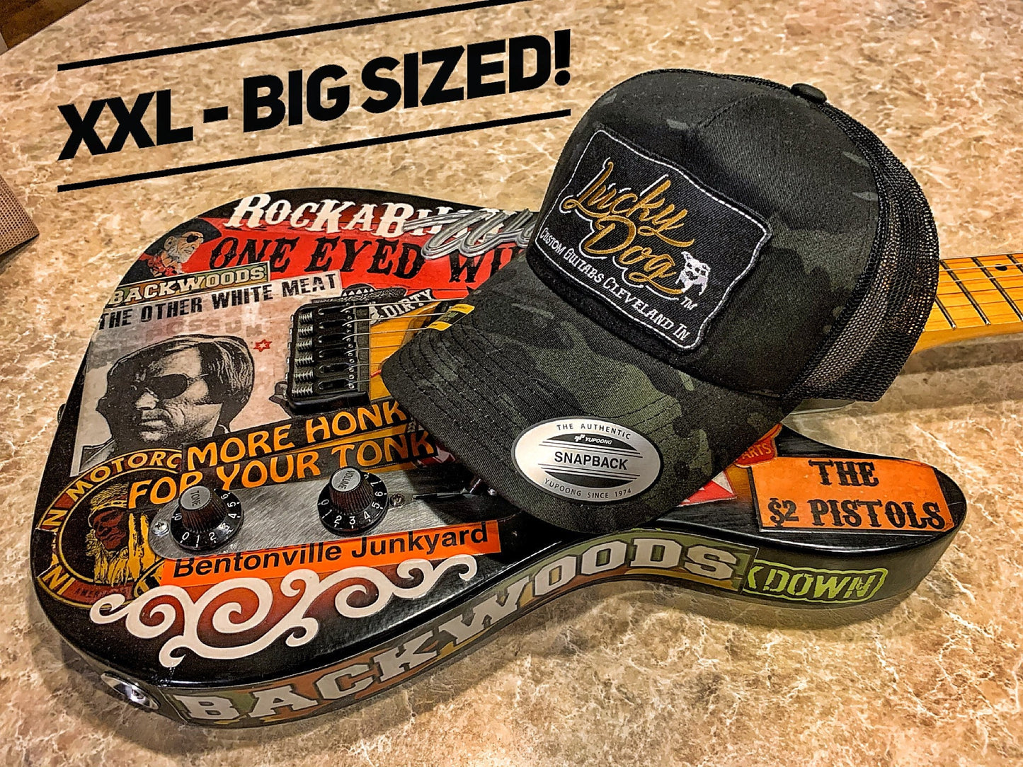 XXL Oversized Lucky Dog Guitars Black MultiCam Camo Mesh Trucker Mesh ball cap - embroidered patch - hat truckstop meshback big size XXL