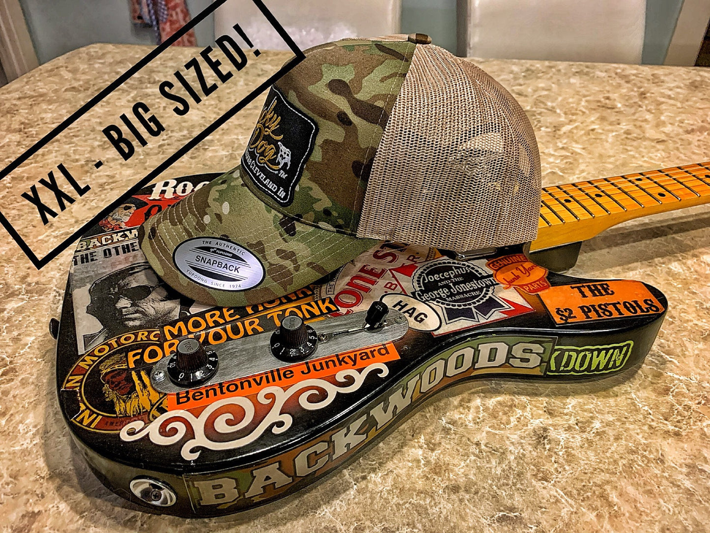 XXL Oversized Lucky Dog Guitars Green MultiCam Camo Mesh Trucker Mesh ball cap - embroidered patch - hat truckstop meshback big size XXL
