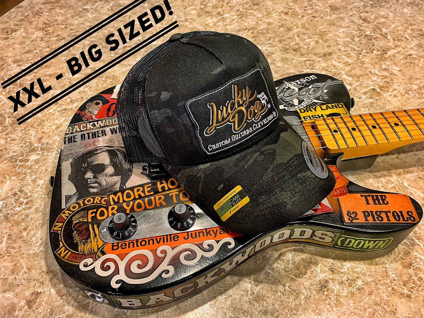XXL Oversized Lucky Dog Guitars Black MultiCam Camo Mesh Trucker Mesh ball cap - embroidered patch - hat truckstop meshback big size XXL