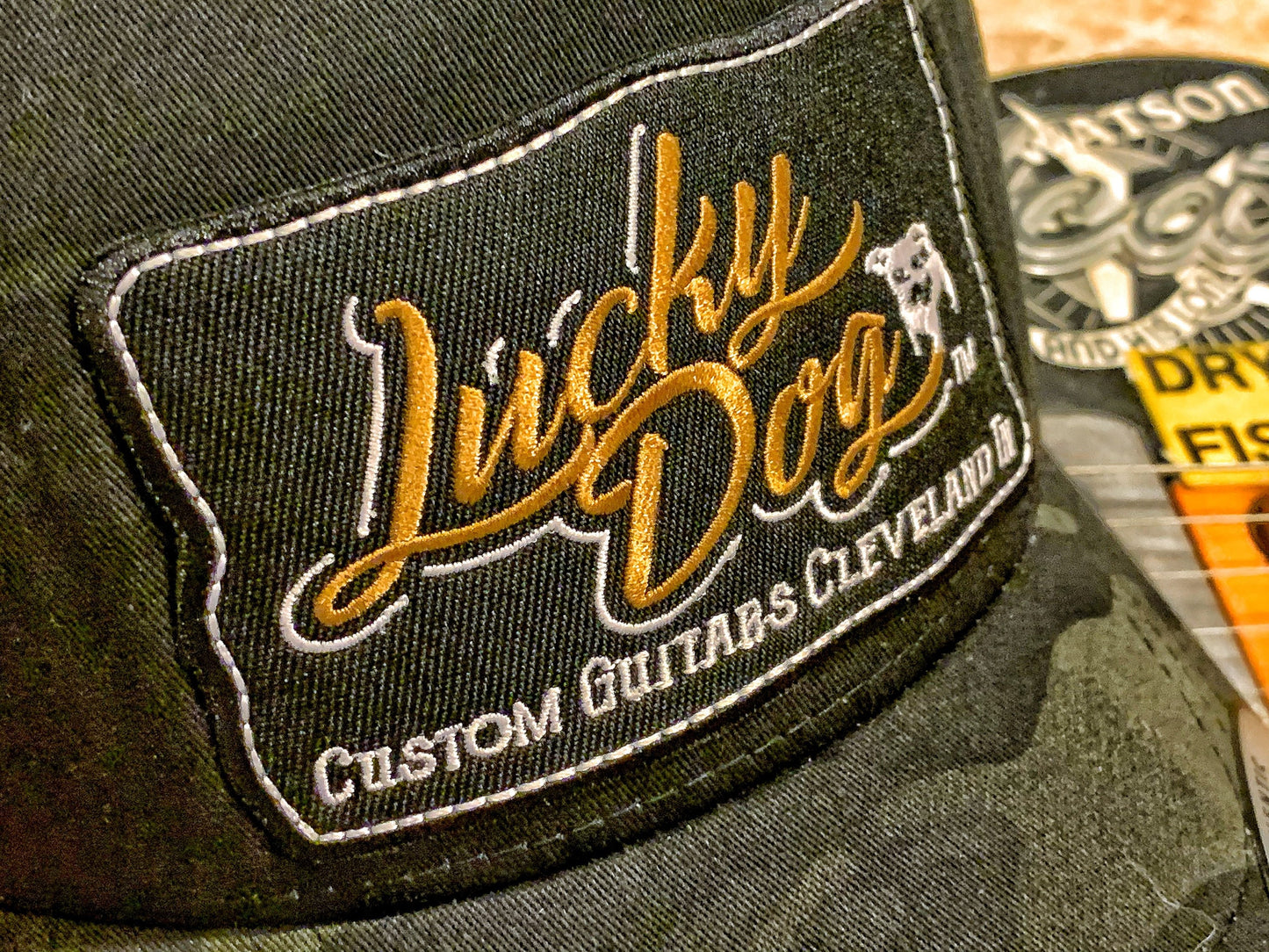 XXL Oversized Lucky Dog Guitars Black MultiCam Camo Mesh Trucker Mesh ball cap - embroidered patch - hat truckstop meshback big size XXL