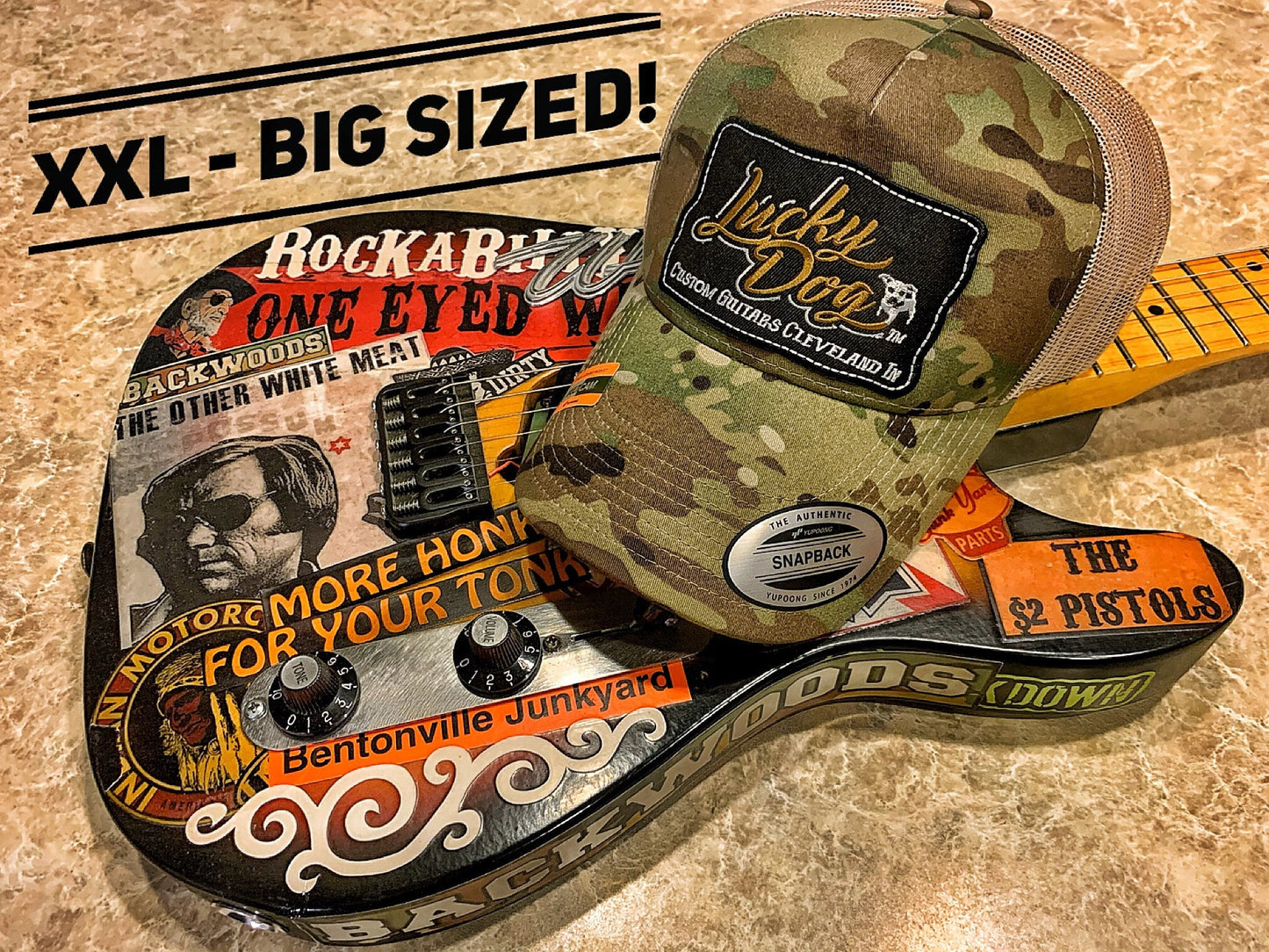 XXL Oversized Lucky Dog Guitars Green MultiCam Camo Mesh Trucker Mesh ball cap - embroidered patch - hat truckstop meshback big size XXL