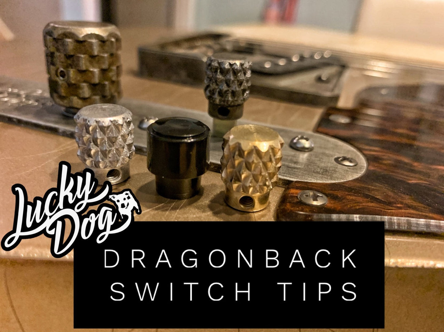 Lucky Dog Dragon-Back Switch Tips - Most aggressive knurled tele / guitar switch on the market! Aged, blackened and brass.