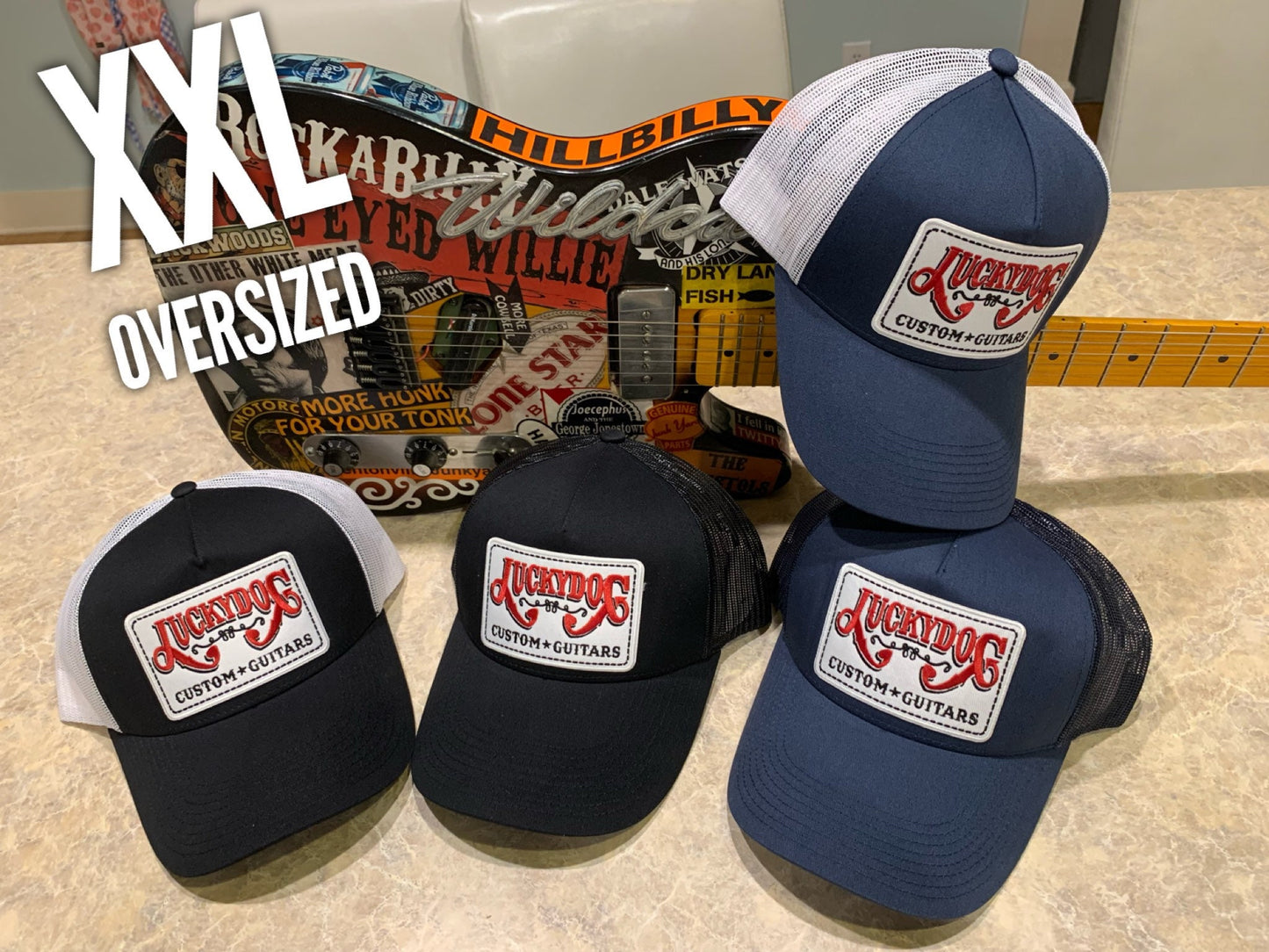 XXL Oversized Lucky Dog Guitars - 4 Colors- Trucker Mesh ball cap - embroidered patch - hat truckstop meshback big size XXL