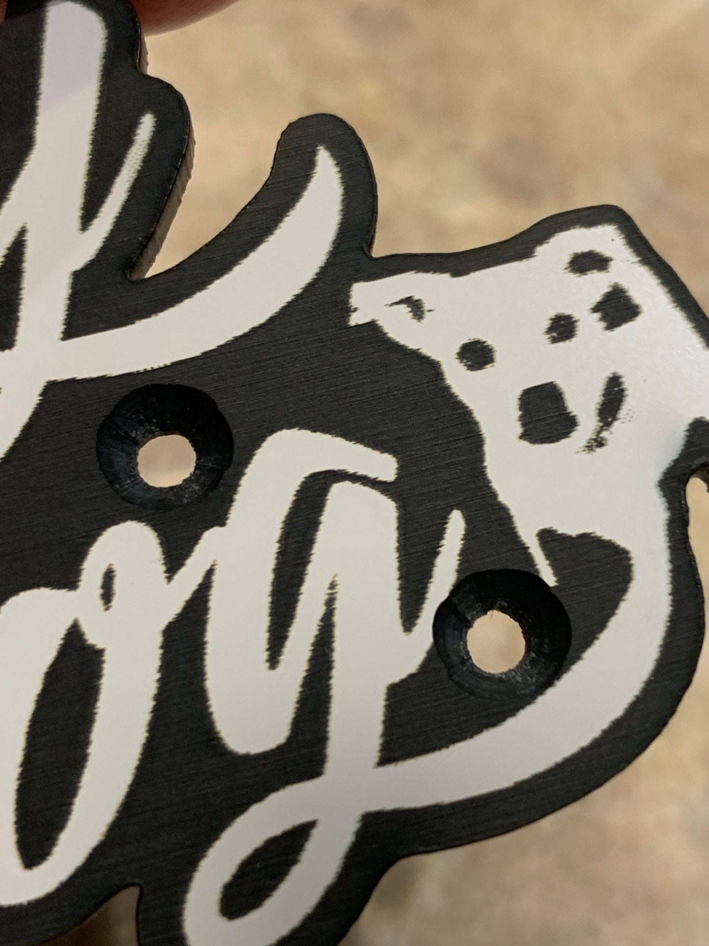 Lucky Dog Guitar case badge/logo. Also would work on amps, truck/car emblem etc. Tennessee made, very tough for high quality material. USA