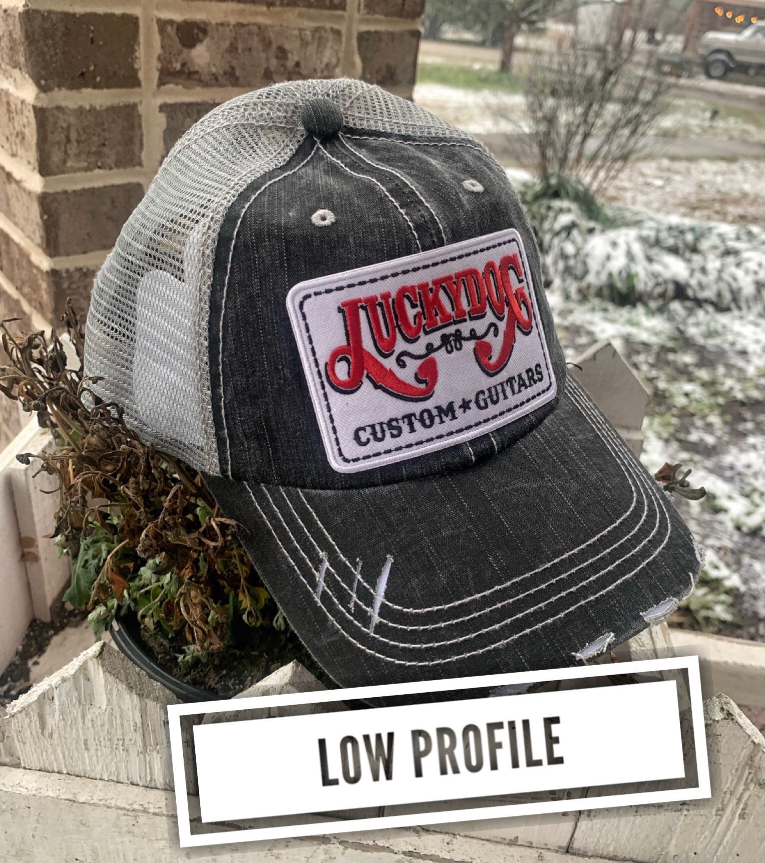 Lucky Dog Guitars distressed low profile Trucker grey Mesh Ball Cap Hat w/ soft denim crown USA vintage guitar hotrod truck stop