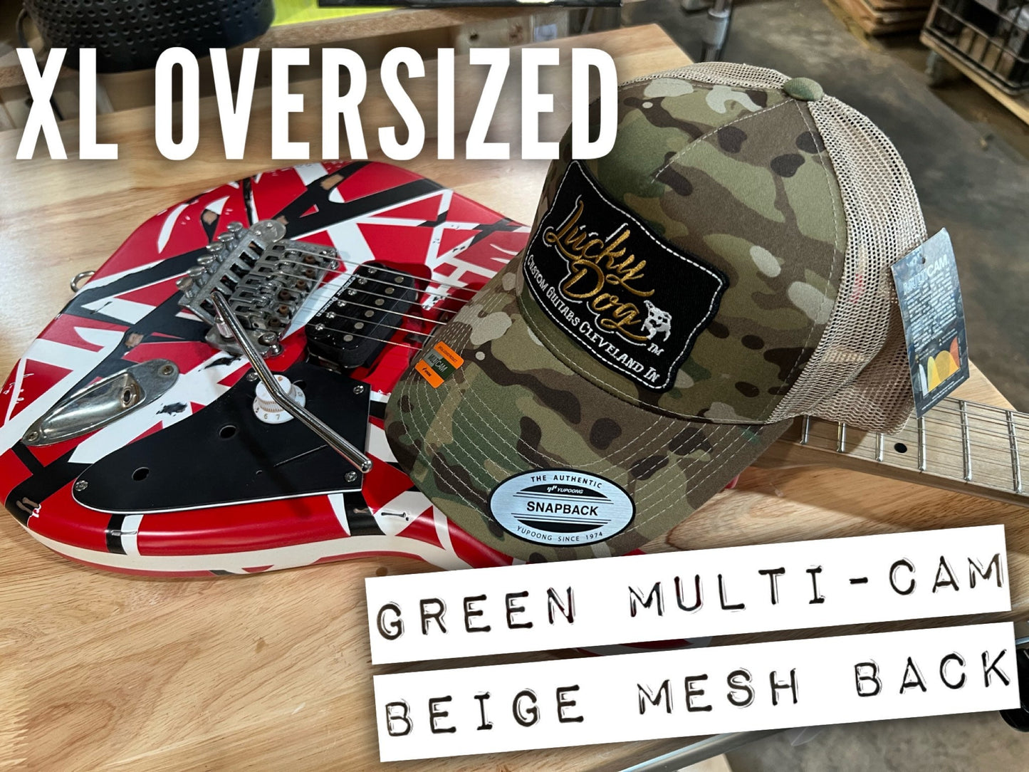 XXL Oversized Lucky Dog Guitars Green MultiCam Camo Mesh Trucker Mesh ball cap - embroidered patch - hat truckstop meshback big size XXL