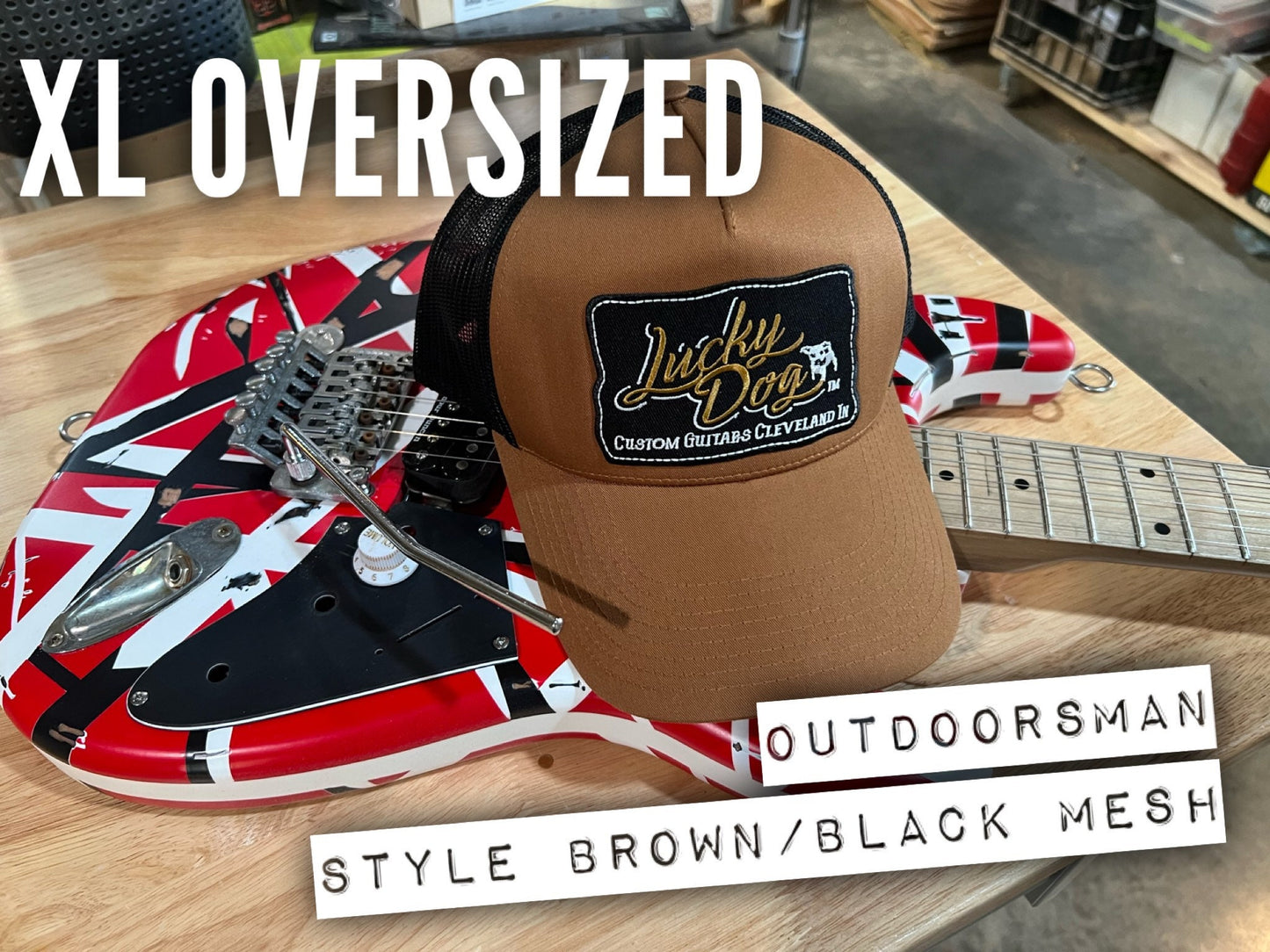 XXL Oversized Lucky Dog Guitars Outdoorsman brown/black Mesh Trucker Mesh cap w/3 embroidered patch options-hat meshback big size XXL