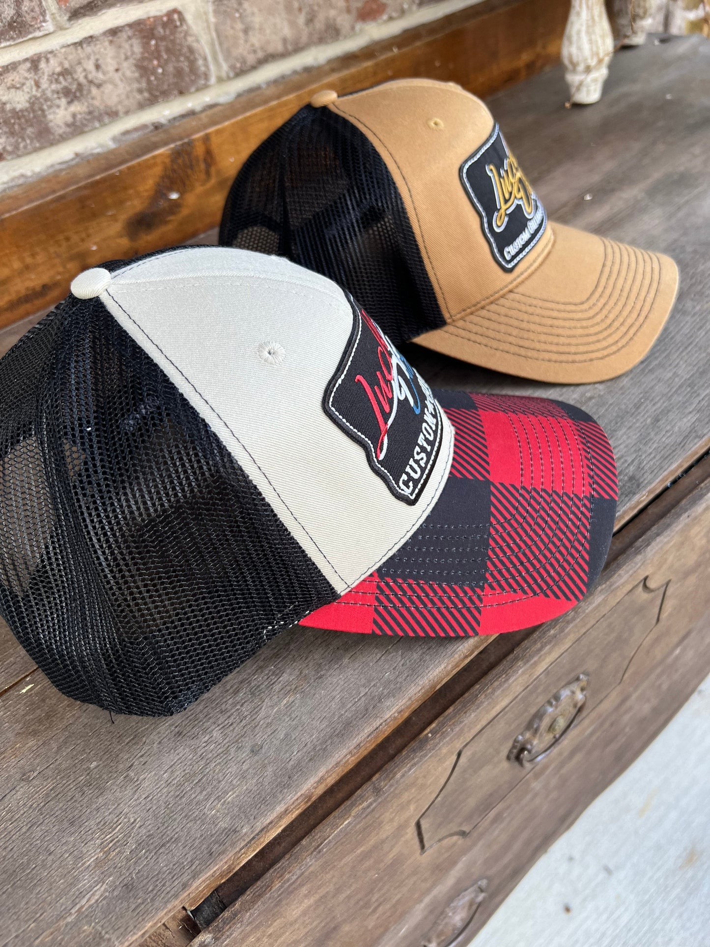 Lucky Dog Guitars Trucker Mesh Ball Cap Hat w/ 2 color options - Buffalo plaid old school vintage truck stop - Lucky Dog Guitars