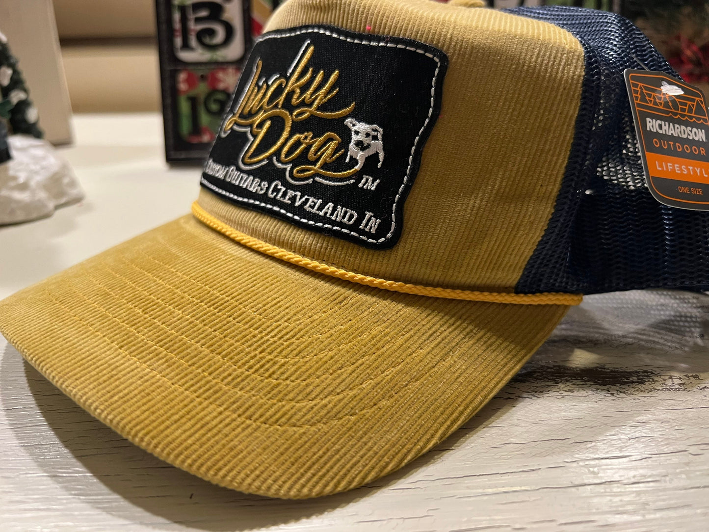 Lucky Dog Guitars corduroy tan and blue Mesh Trucker Ball Cap Hat w/ soft crown - Regular size - USA - Buck Owens - Country Music
