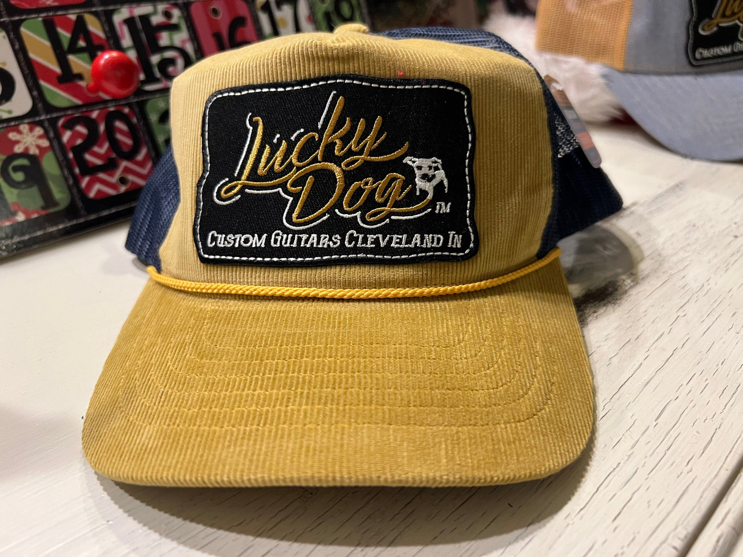 Lucky Dog Guitars corduroy tan and blue Mesh Trucker Ball Cap Hat w/ soft crown - Regular size - USA - Buck Owens - Country Music