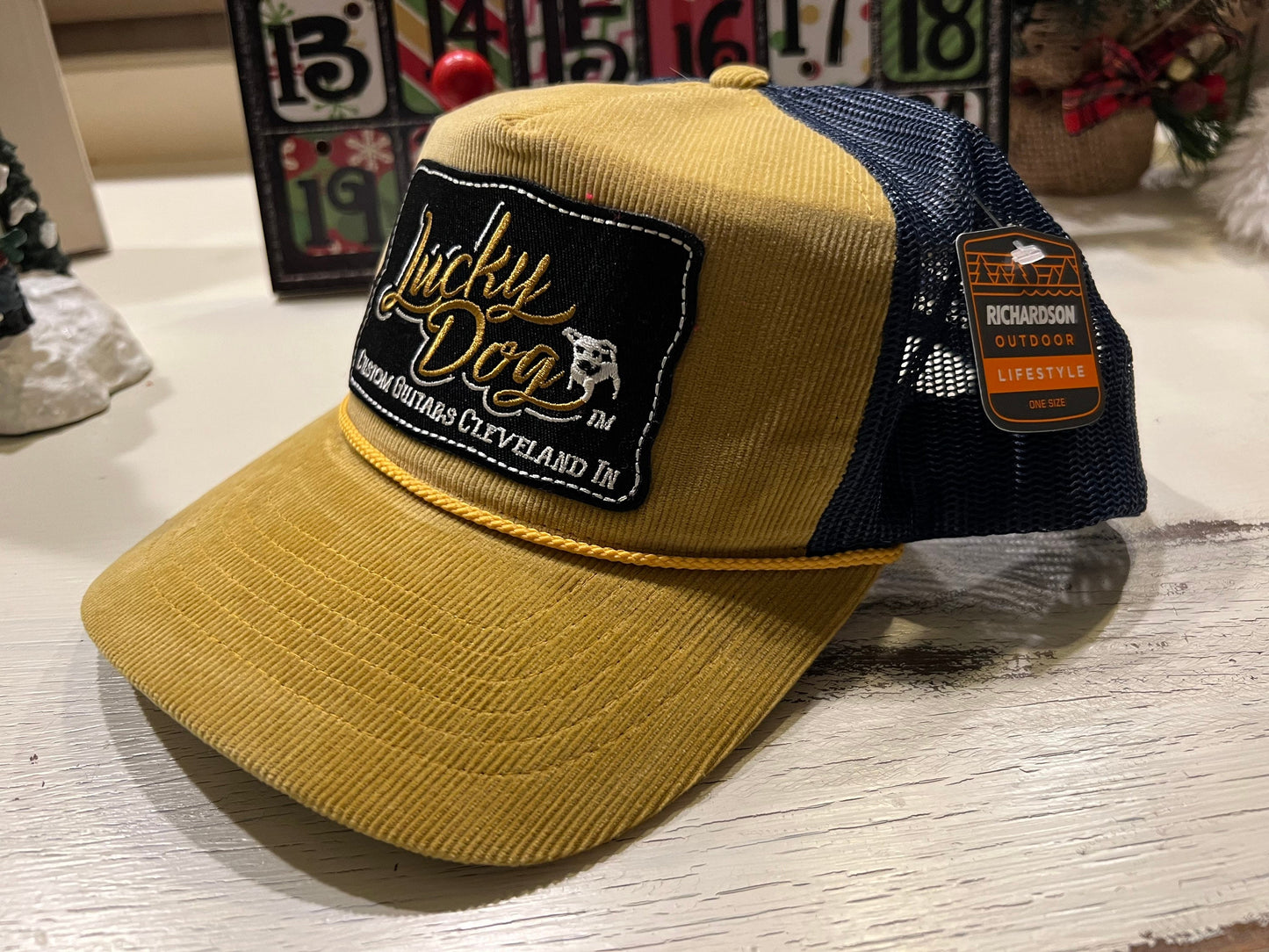 Lucky Dog Guitars corduroy tan and blue Mesh Trucker Ball Cap Hat w/ soft crown - Regular size - USA - Buck Owens - Country Music