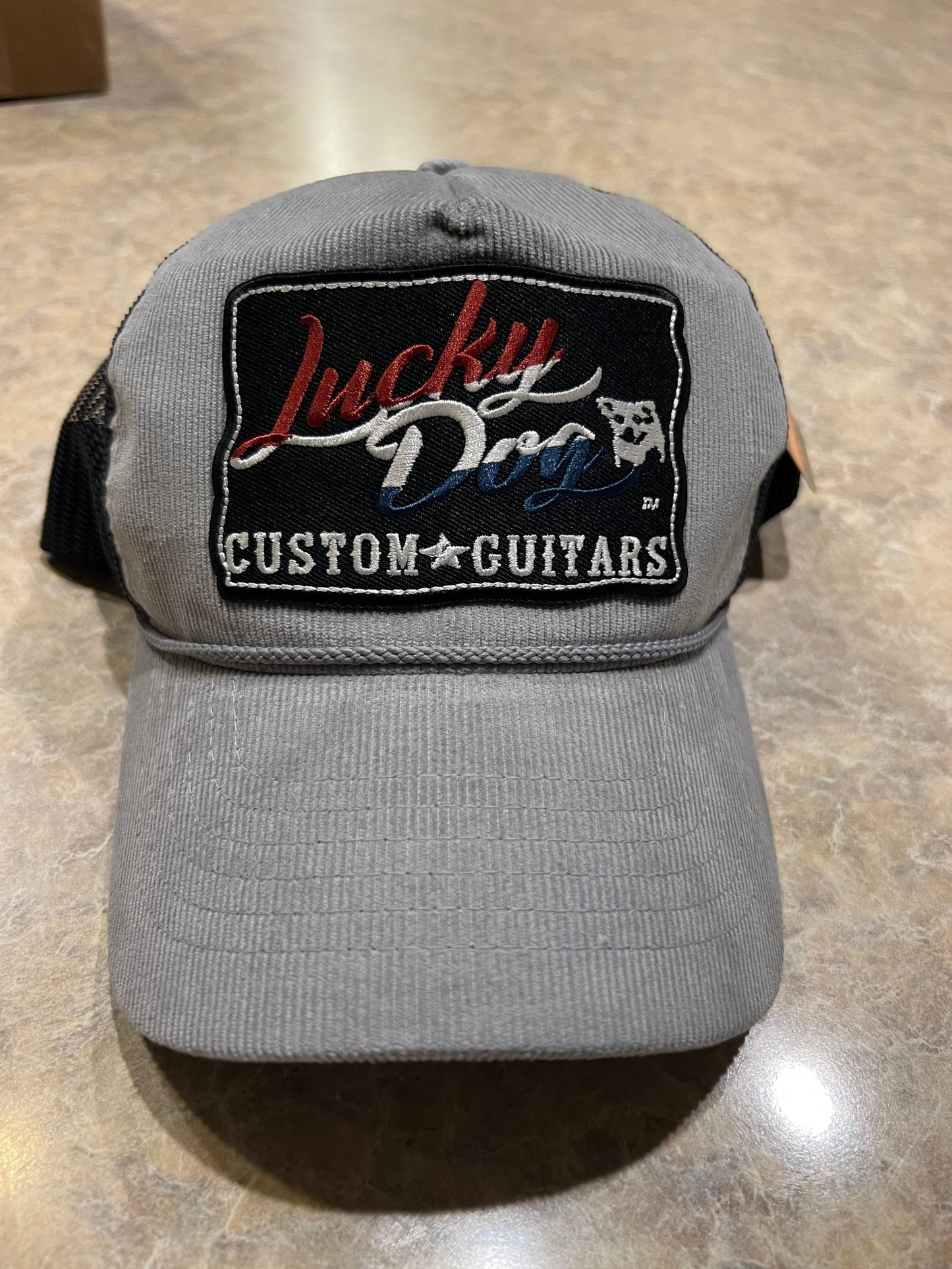 Lucky Dog Guitars corduroy gray and black Mesh Trucker Ball Cap Hat w/ soft crown - Regular size - USA - Buck Owens - Country Music