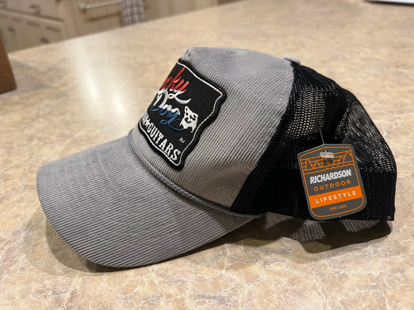 Lucky Dog Guitars corduroy gray and black Mesh Trucker Ball Cap Hat w/ soft crown - Regular size - USA - Buck Owens - Country Music