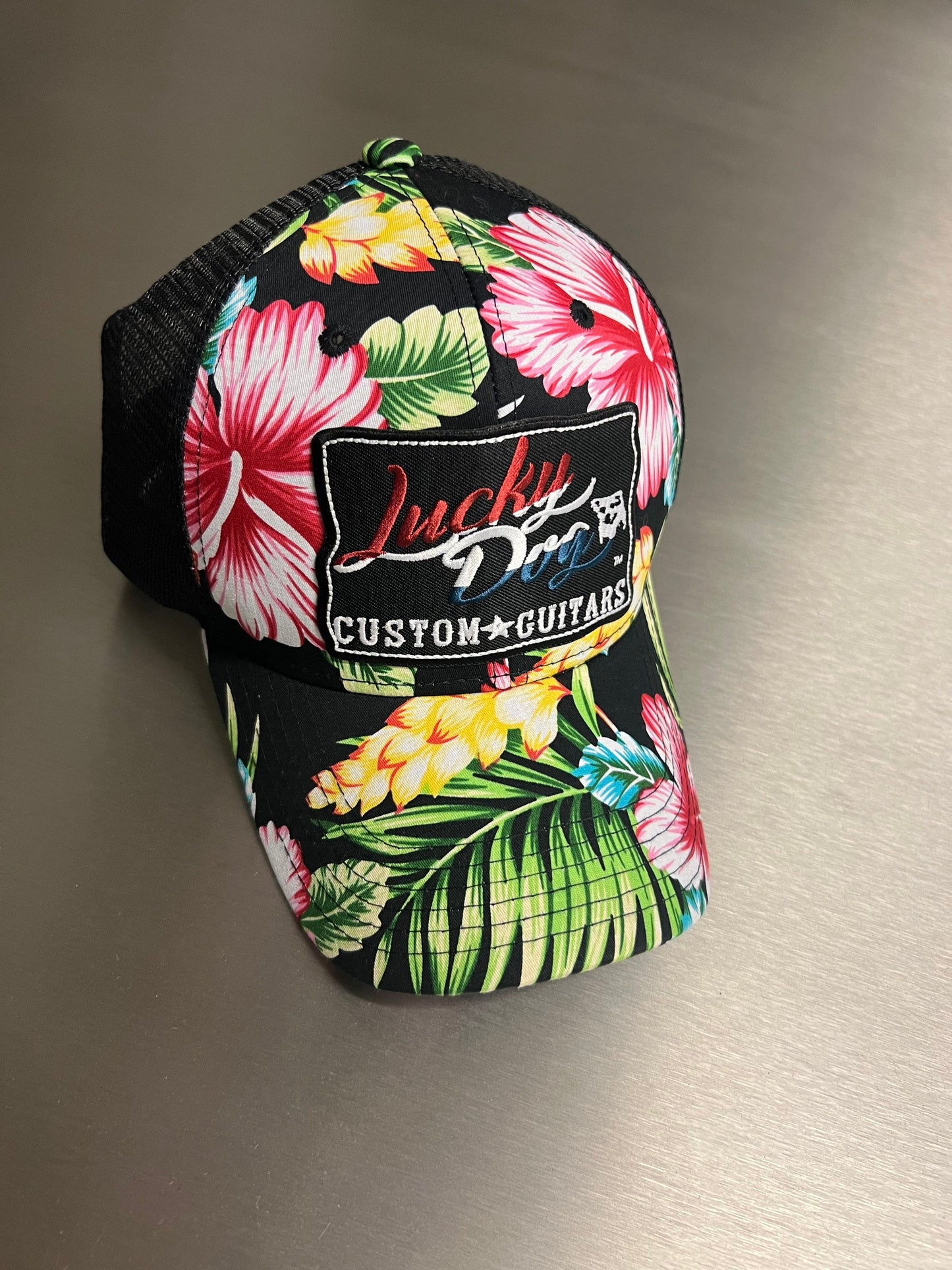 Lucky Dog Guitars black high-wy-ya Deluxe Trucker Mesh Ball Cap Hat - Regular size USA old school vintage guitar truck Hawaiian Hawaii print