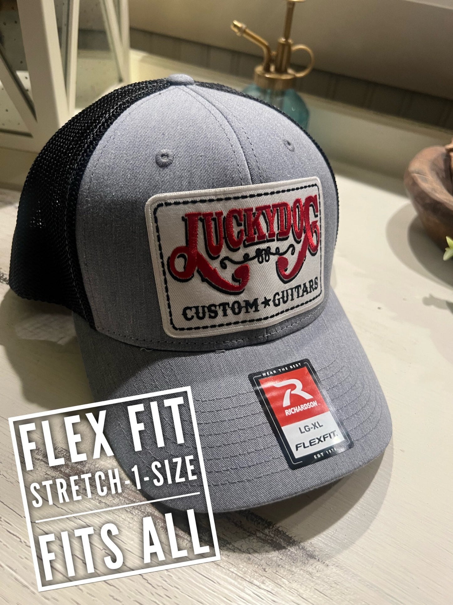 Lucky Dog Guitars Flexfit ball cap Heather gray and black mesh hat truckstop vintage Stretchy back ballcap flex fit guitar