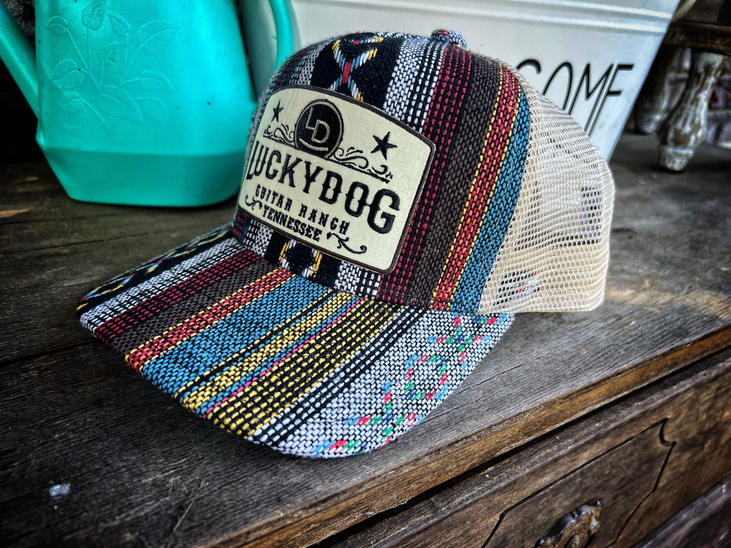 Lucky Dog Guitars High-Crown beige mesh Poncho Southwest trucker Ball Cap Hat - Regular size - USA - Truckstop cowboy