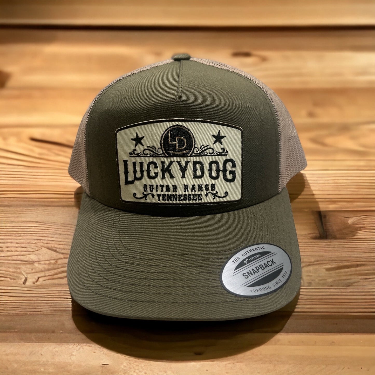 XXL Oversized Lucky Dog Guitars green/taupe Mesh Trucker Mesh ball cap - 2 embroidered patch options - hat truckstop meshback big size