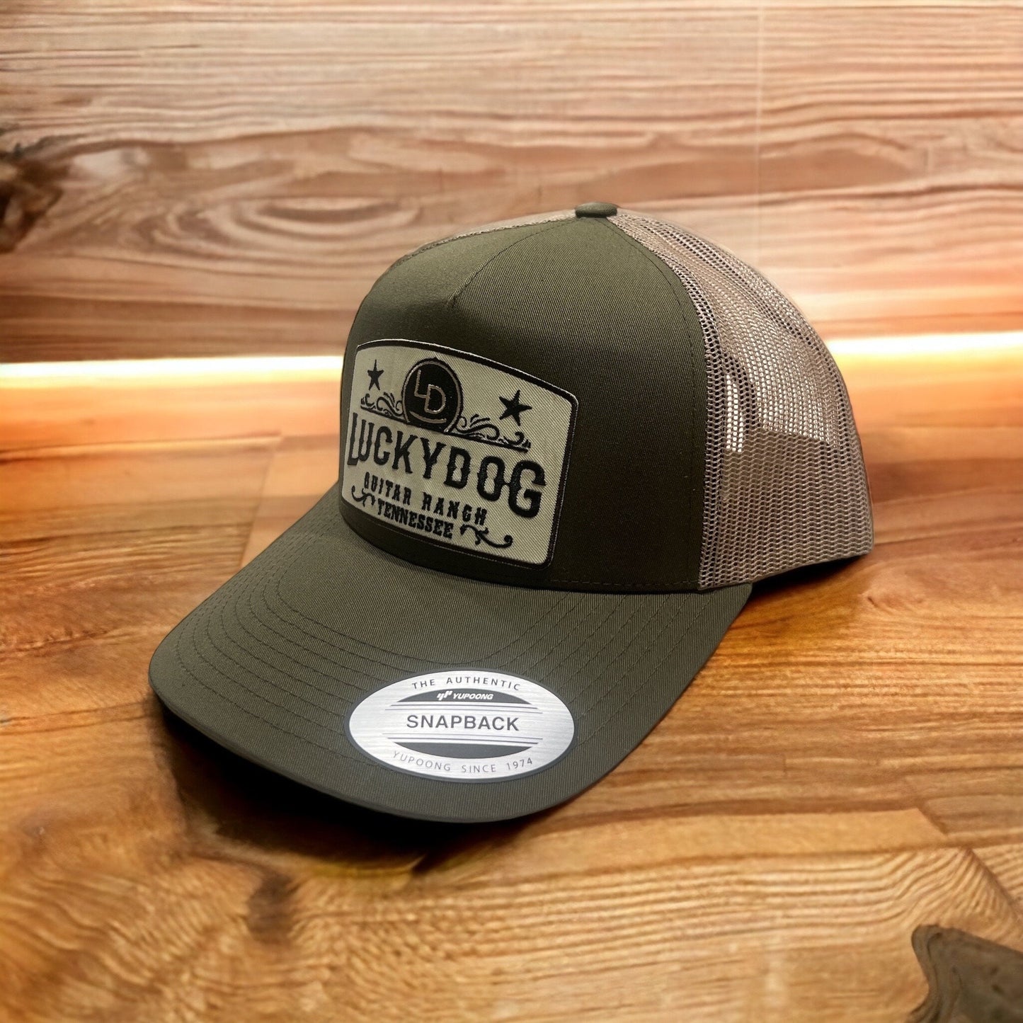 XXL Oversized Lucky Dog Guitars green/taupe Mesh Trucker Mesh ball cap - 2 embroidered patch options - hat truckstop meshback big size