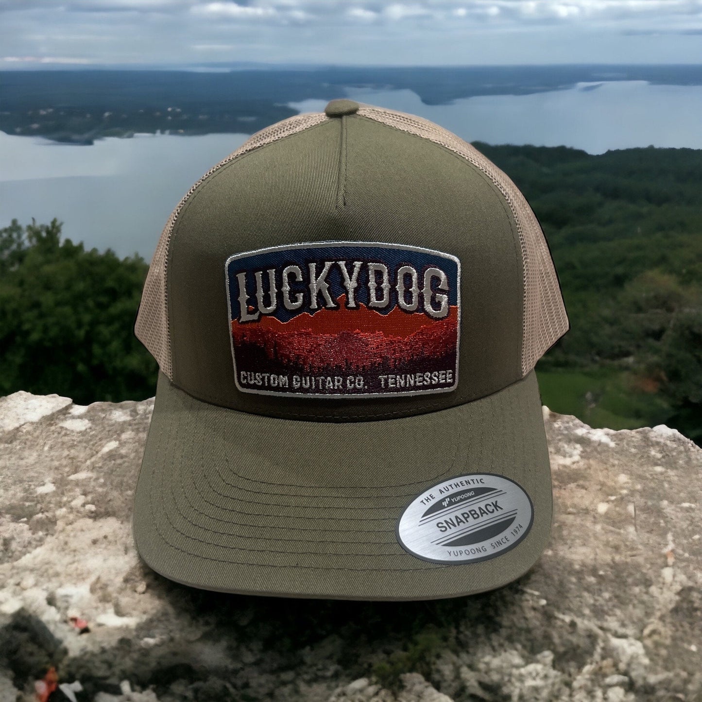 XXL Oversized Lucky Dog Guitars green/taupe Mesh Trucker Mesh ball cap - 2 embroidered patch options - hat truckstop meshback big size