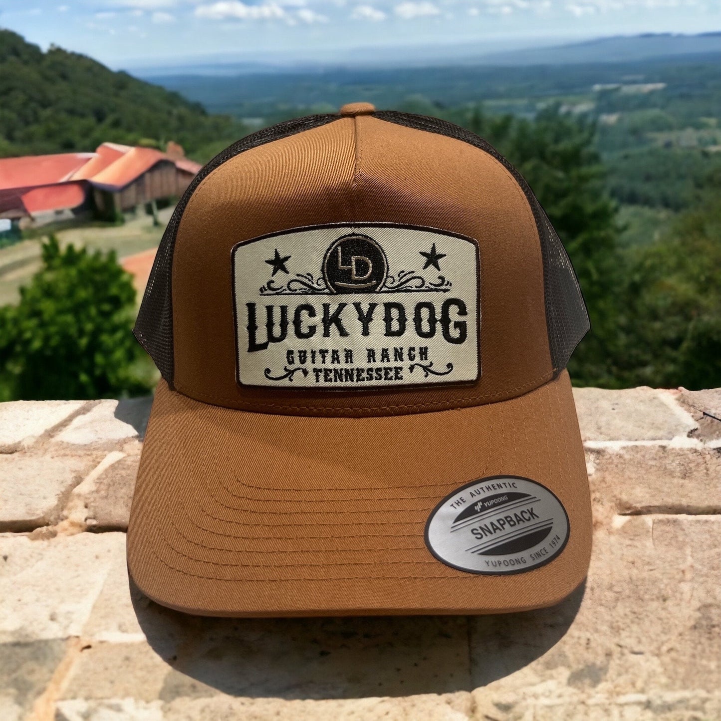 XXL Oversized Lucky Dog Guitars Outdoorsman brown/black Mesh Trucker Mesh cap w/3 embroidered patch options-hat meshback big size XXL