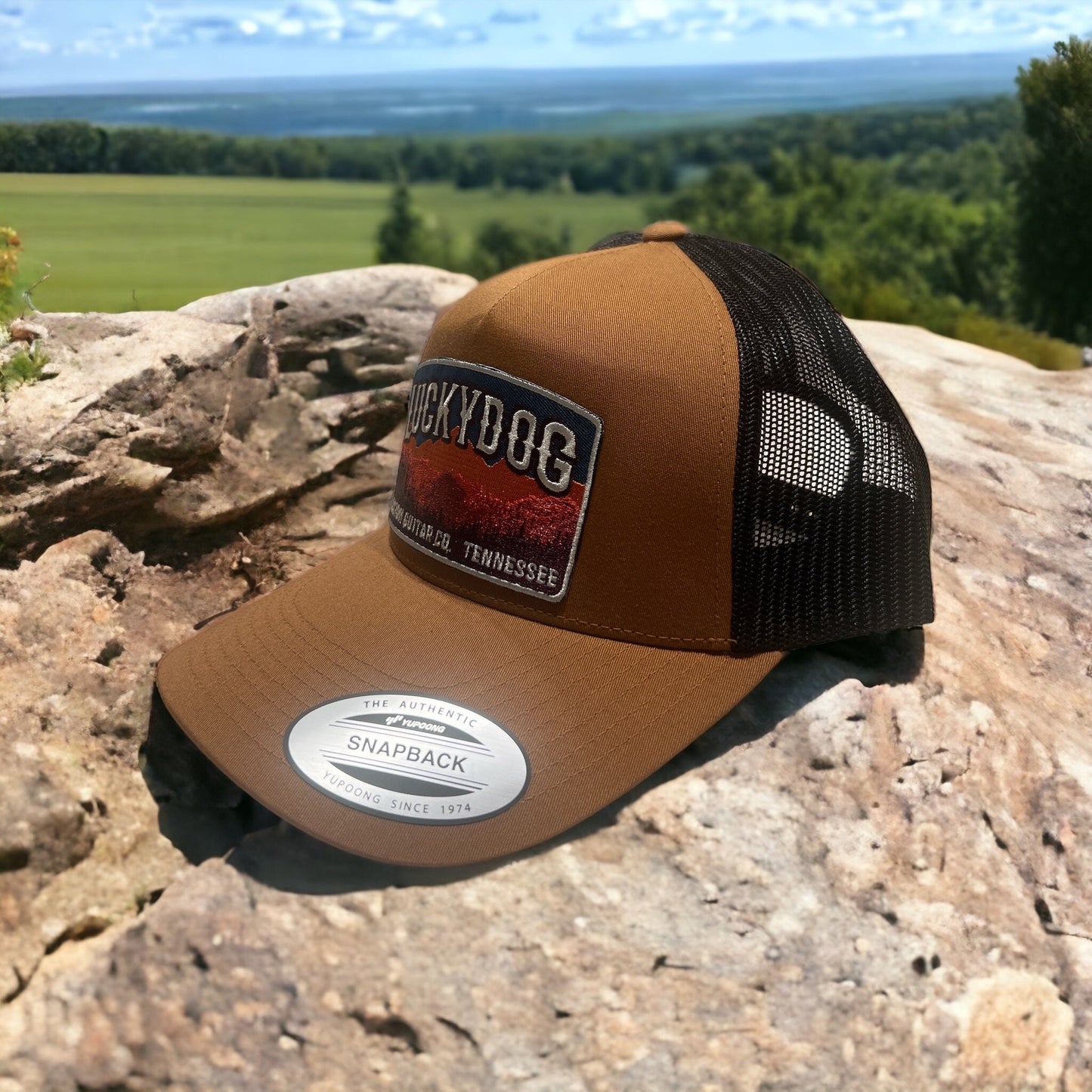 XXL Oversized Lucky Dog Guitars Outdoorsman brown/black Mesh Trucker Mesh cap w/3 embroidered patch options-hat meshback big size XXL