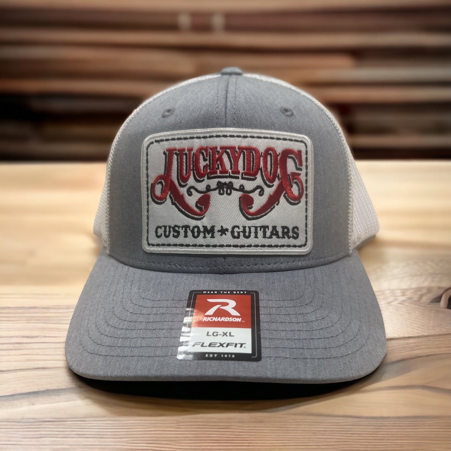 Lucky Dog Guitars Flexfit ball cap Heather gray and white mesh with 3 patch options to choose from.