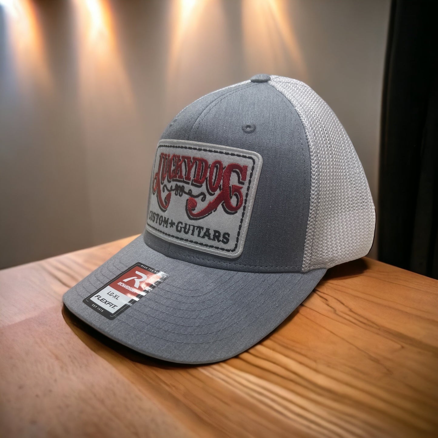 Lucky Dog Guitars Flexfit ball cap Heather gray and white mesh with 3 patch options to choose from.