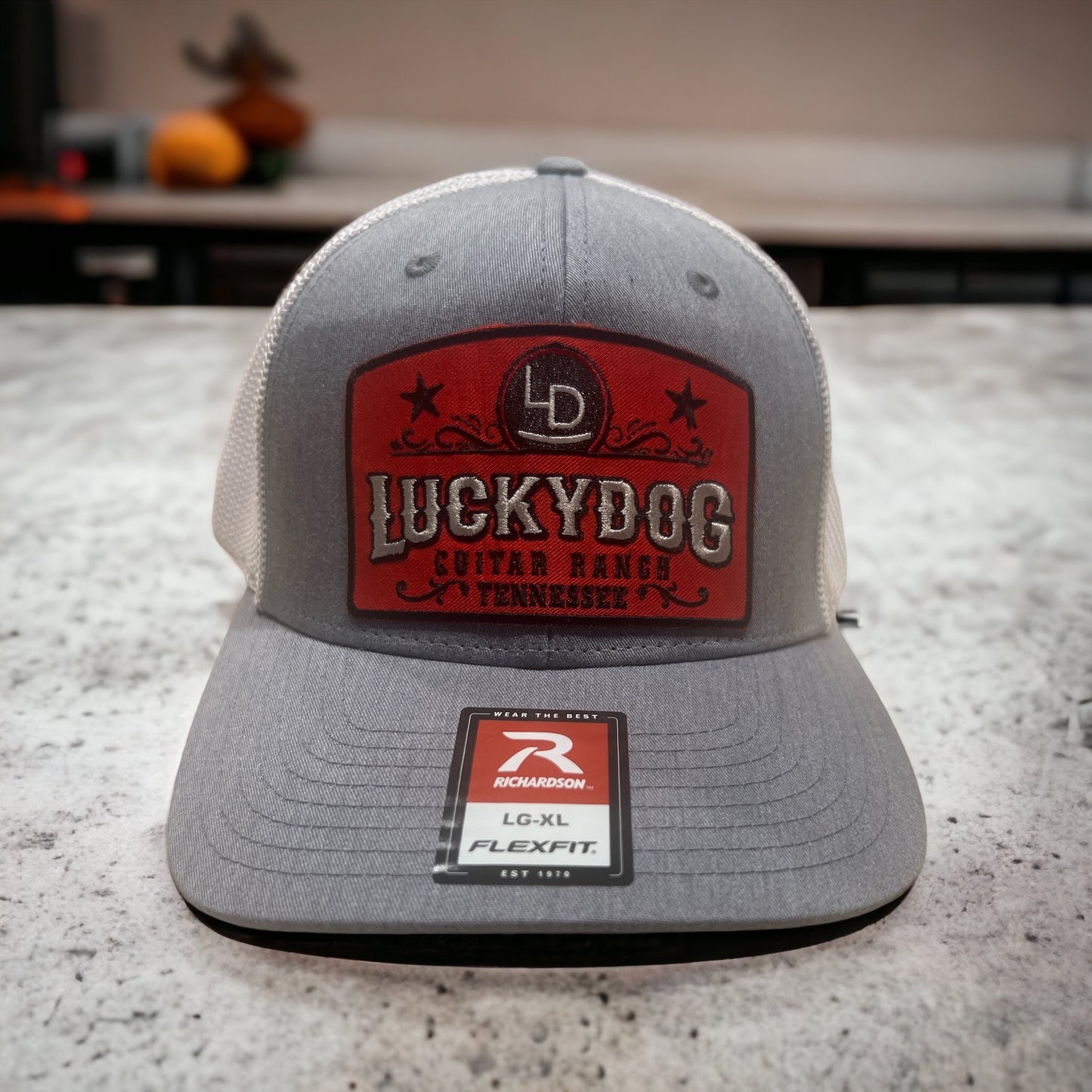 Lucky Dog Guitars Flexfit ball cap Heather gray and white mesh with 3 patch options to choose from.