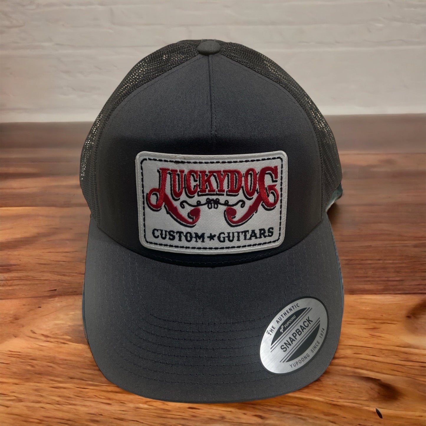 XXL Oversized Lucky Dog Guitars - charcoal gray front/ black mesh back- Trucker Mesh cap - embroidered patch - hat truckstop big size XXL
