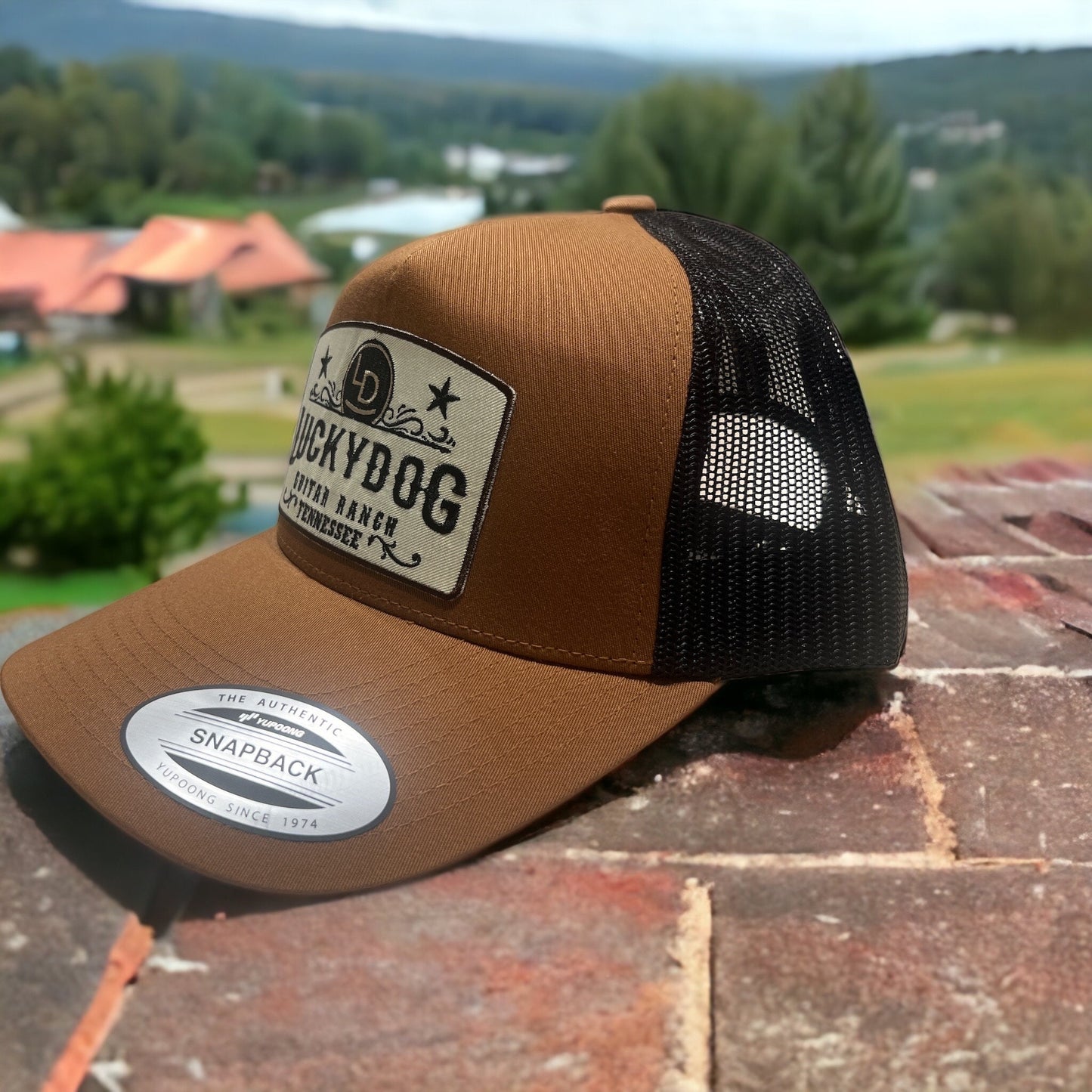 XXL Oversized Lucky Dog Guitars Outdoorsman brown/black Mesh Trucker Mesh cap w/3 embroidered patch options-hat meshback big size XXL