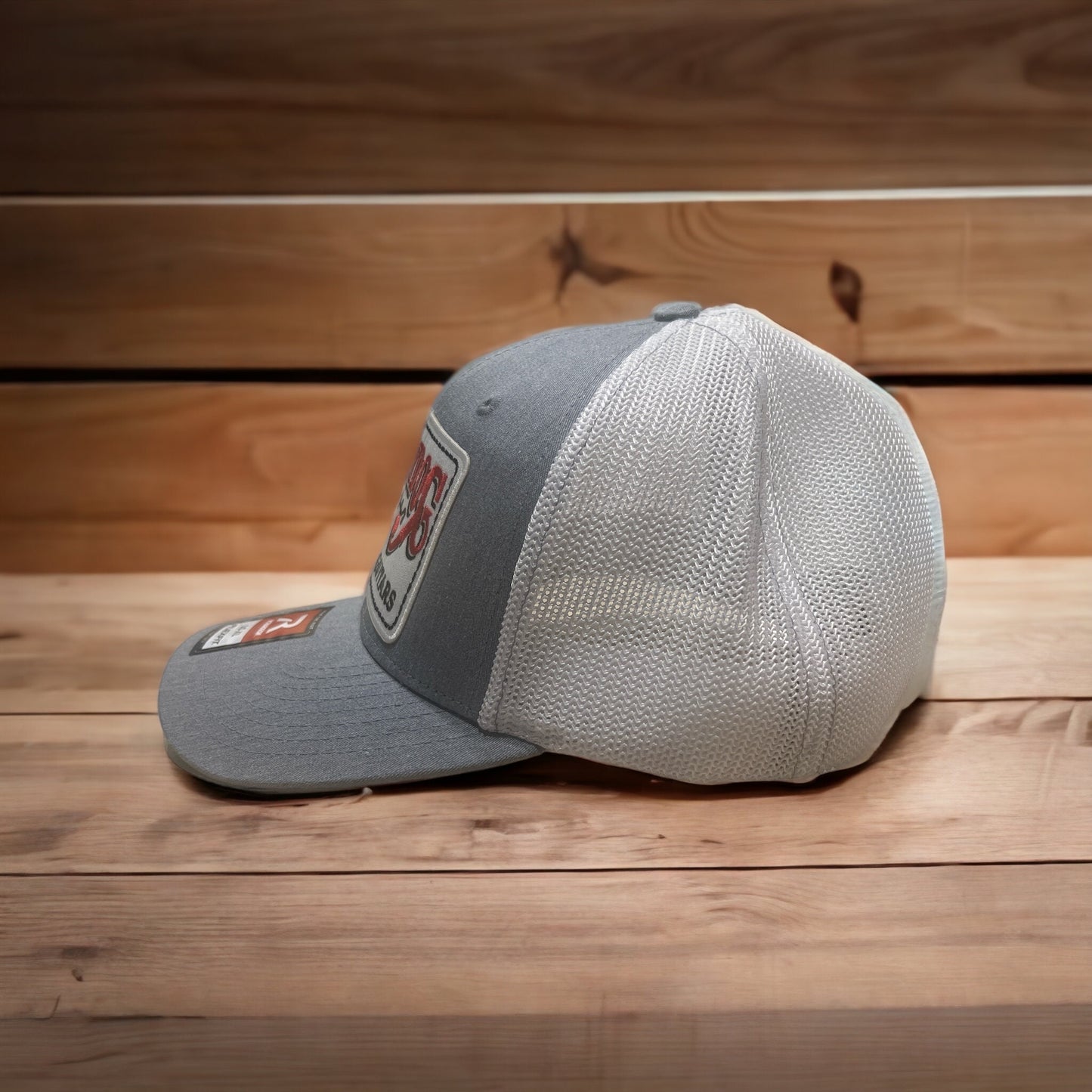 Lucky Dog Guitars Flexfit ball cap Heather gray and white mesh with 3 patch options to choose from.
