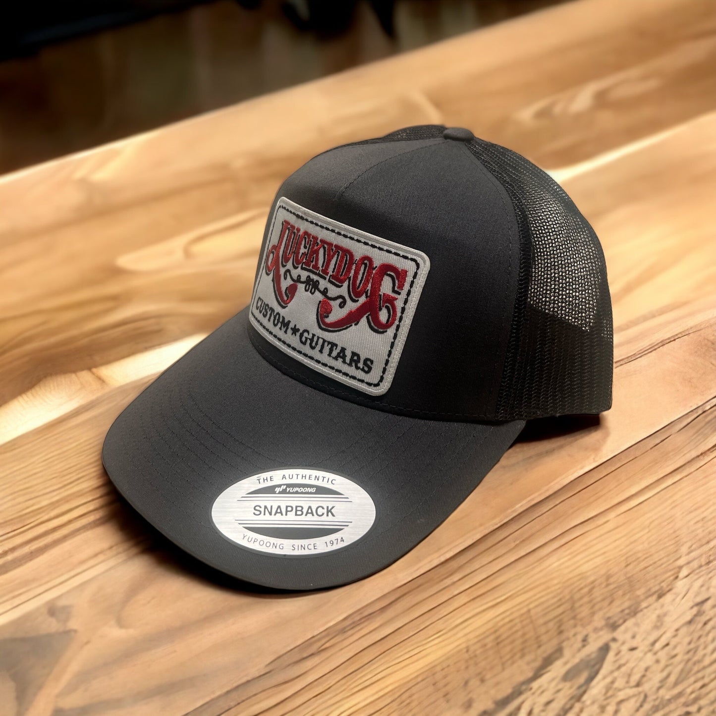 XXL Oversized Lucky Dog Guitars - charcoal gray front/ black mesh back- Trucker Mesh cap - embroidered patch - hat truckstop big size XXL