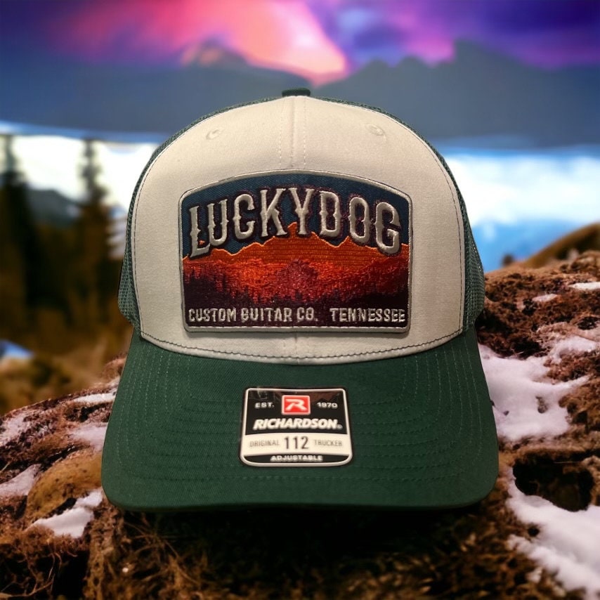 Lucky Dog Guitars Regular White and Forest green Mesh Trucker Hat with patch- Truckstop Outlaw Retro Country Punk embroidered