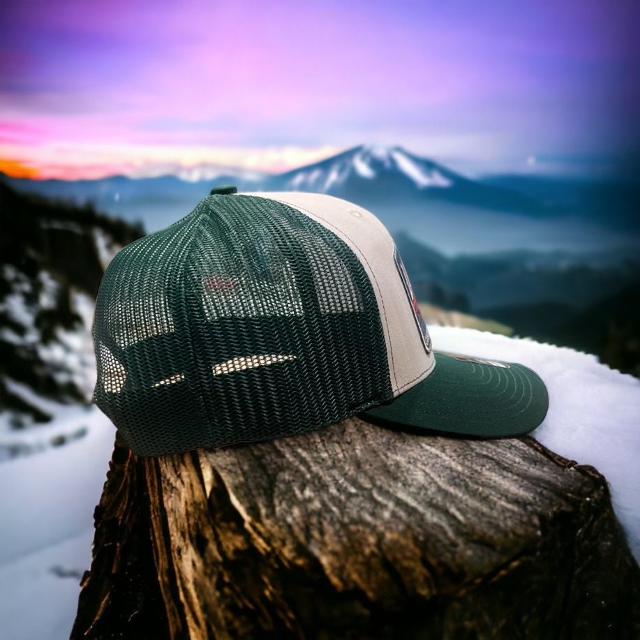 Lucky Dog Guitars Regular White and Forest green Mesh Trucker Hat with patch- Truckstop Outlaw Retro Country Punk embroidered