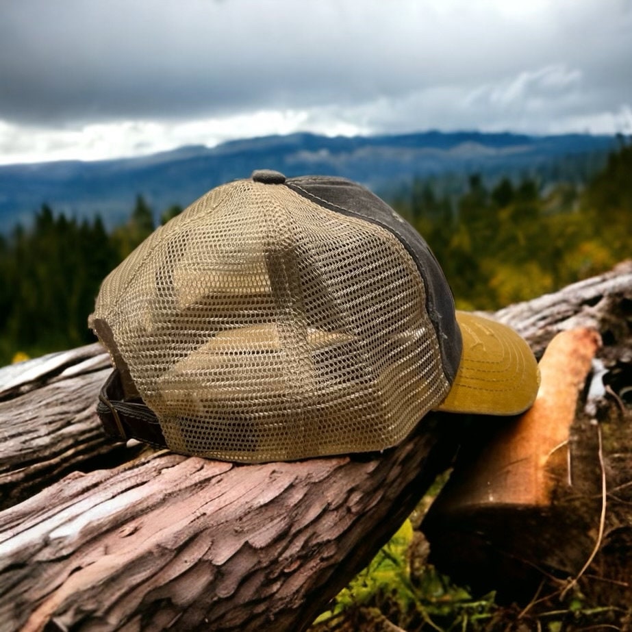 Lucky Dog Guitars distressed low profile Trucker Mesh Ball Cap Hat w/ soft, dark denim crown/gold bill and beige mesh back. Slide buckle