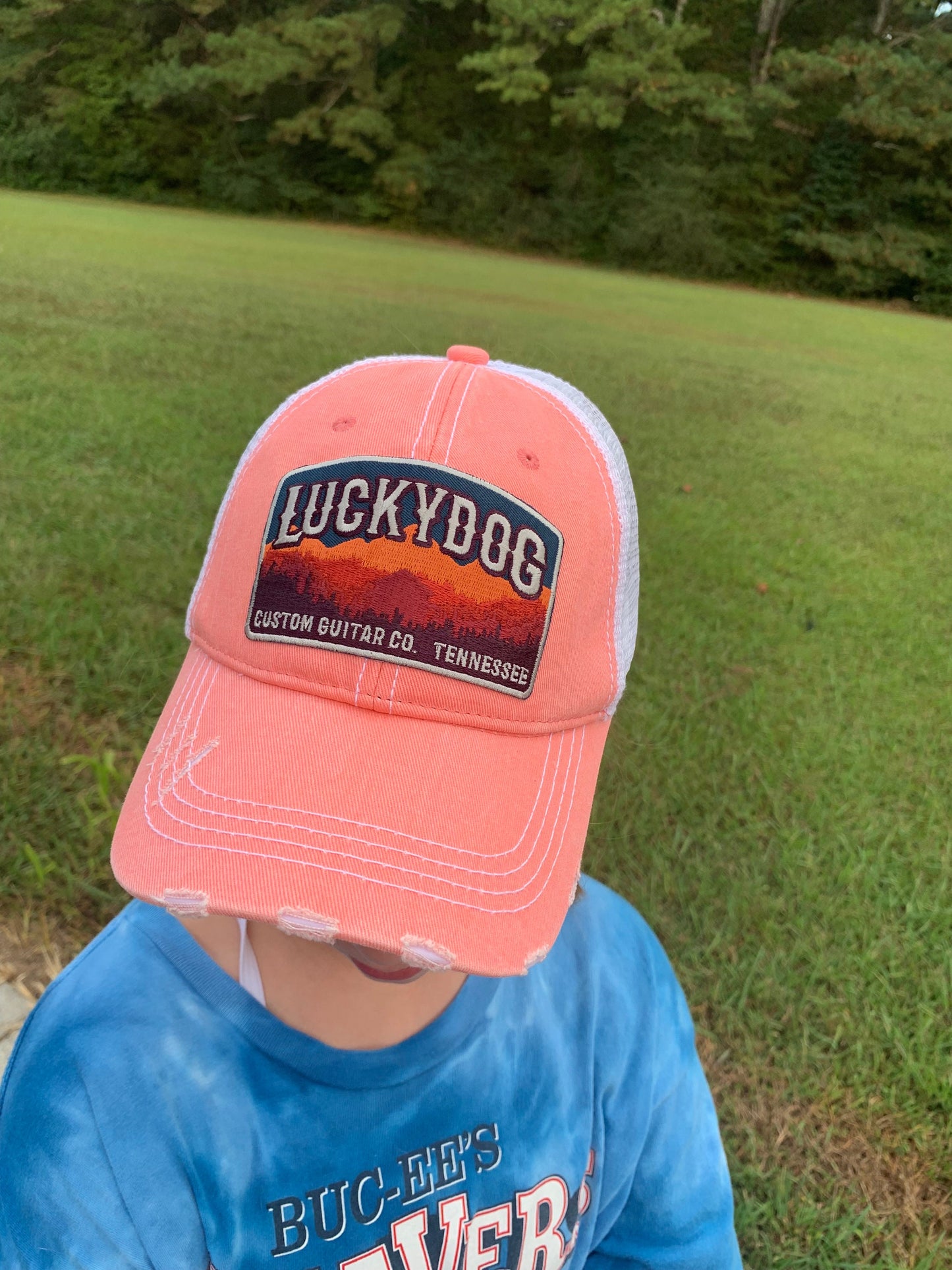 Lucky Dog Guitars distressed low profile ponytail women’s Hat w/ soft denim crown - salmon front/white mesh