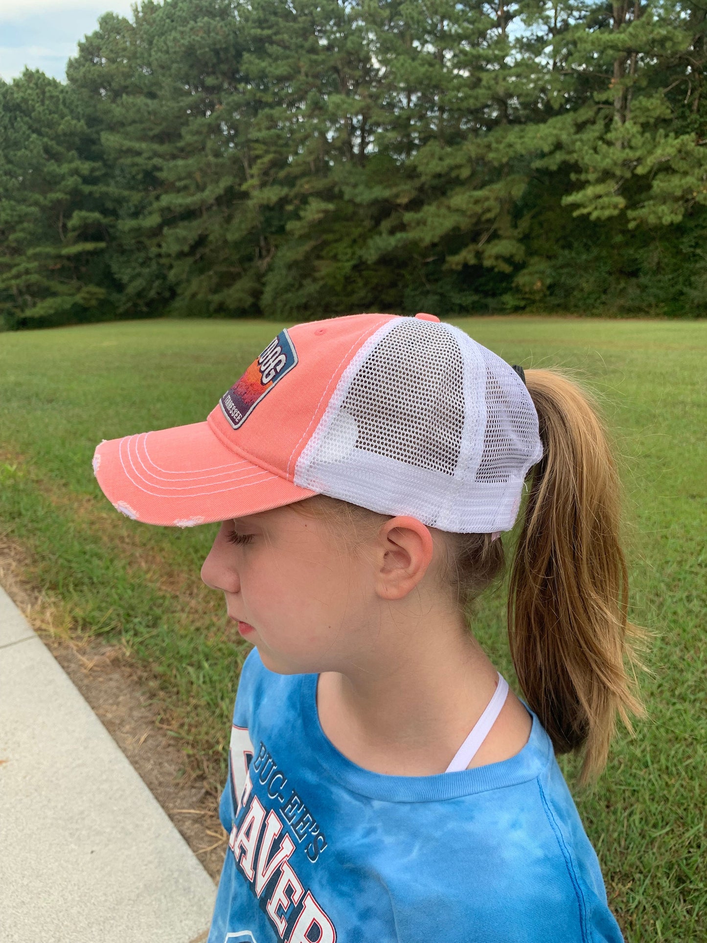 Lucky Dog Guitars distressed low profile ponytail women’s Hat w/ soft denim crown - salmon front/white mesh